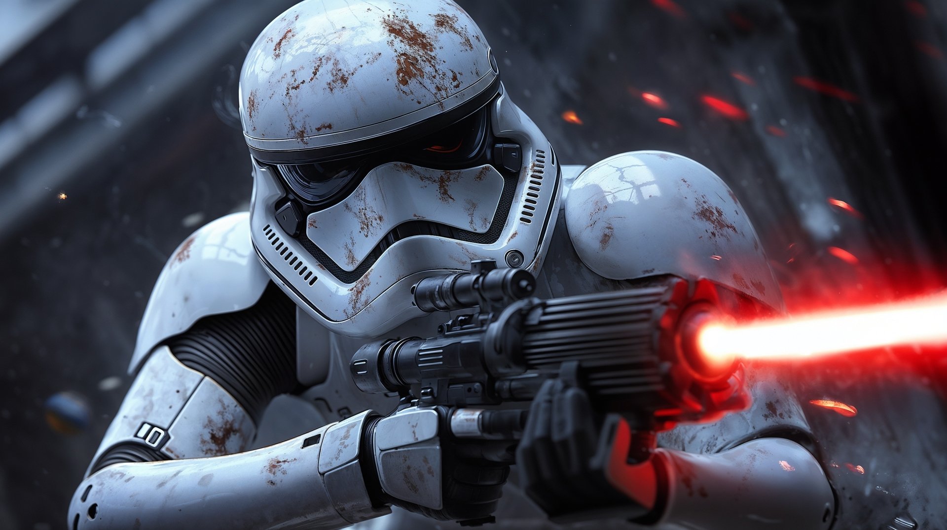 HD PC desktop wallpaper fan art showing a battle-worn First Order stormtrooper firing a red blaster amid sparks and smoke, detailed Star Wars atmosphere.