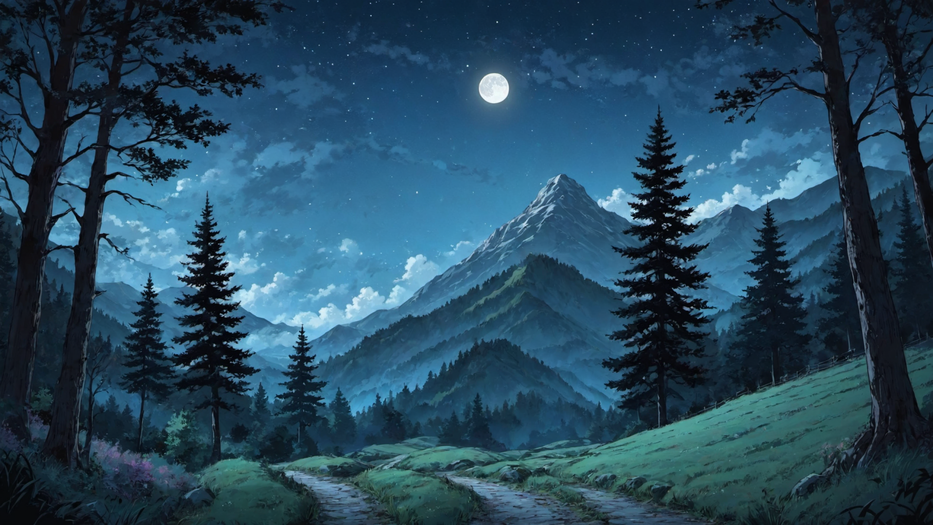 Anime-style HD desktop wallpaper showcasing a serene night landscape with towering mountains, pine trees, and a bright full moon illuminating the natural scene.