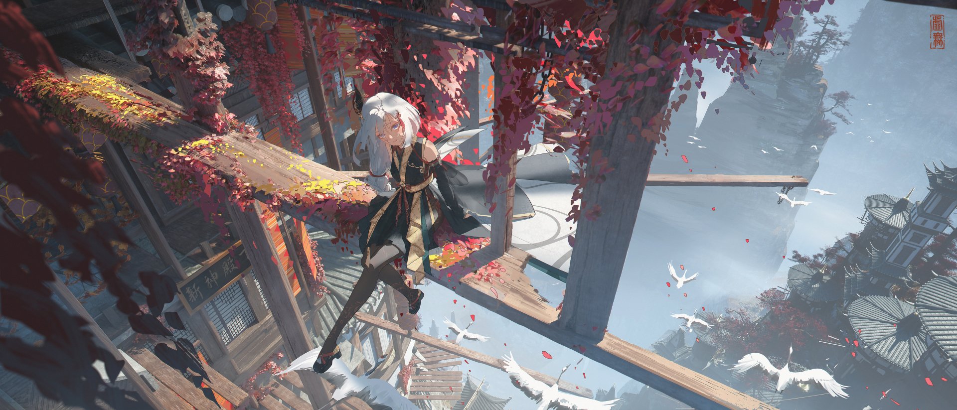 Genshin Impact 4K Ultra HD PC desktop wallpaper and background: white‑haired character perched on weathered beams amid red autumn leaves, overlooking floating architecture and clouds with white birds.