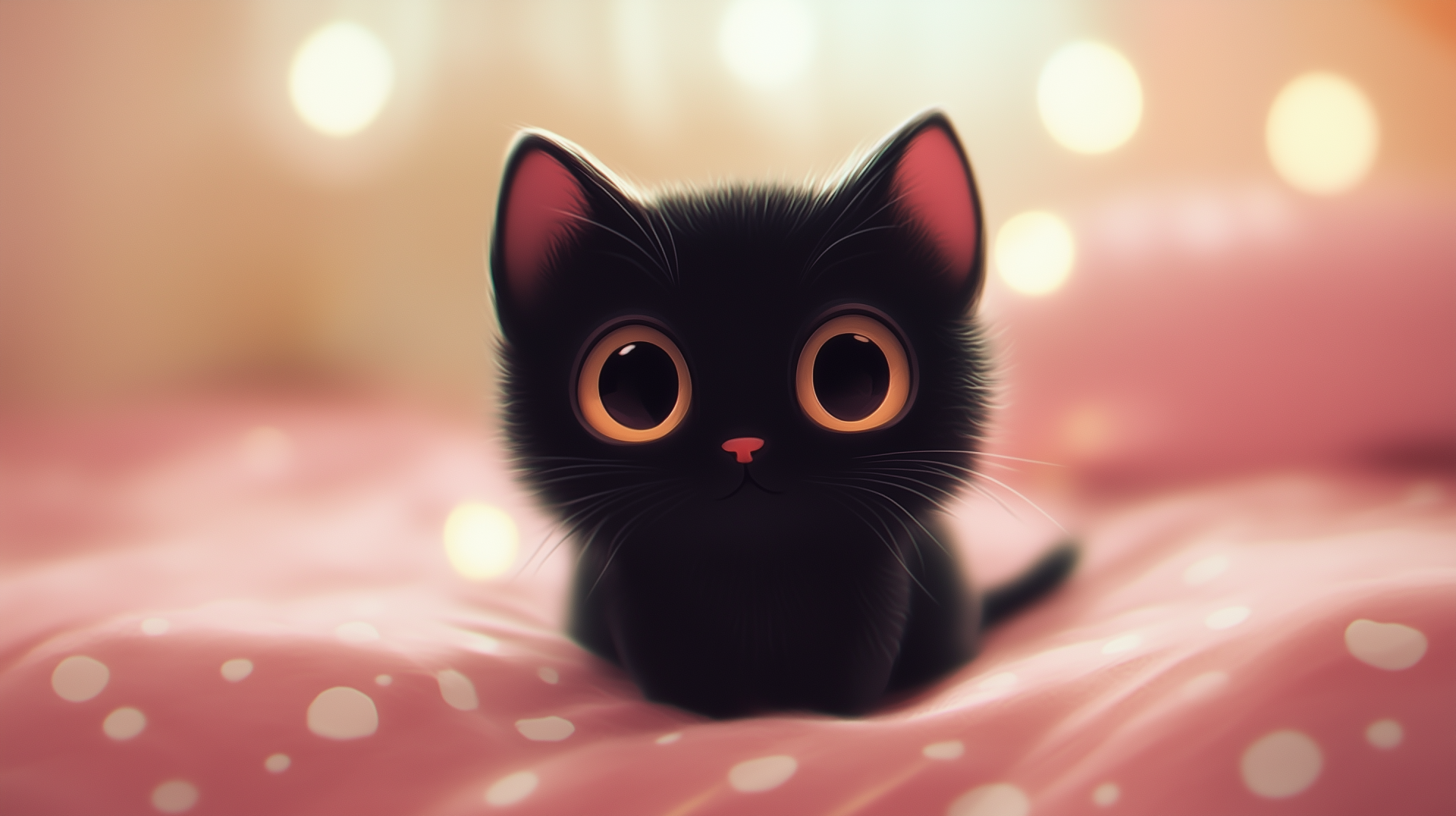 A cute black cat with large, expressive eyes sits on a pink background, surrounded by soft bokeh lights. This HD wallpaper features Sanrio's Chococat character.