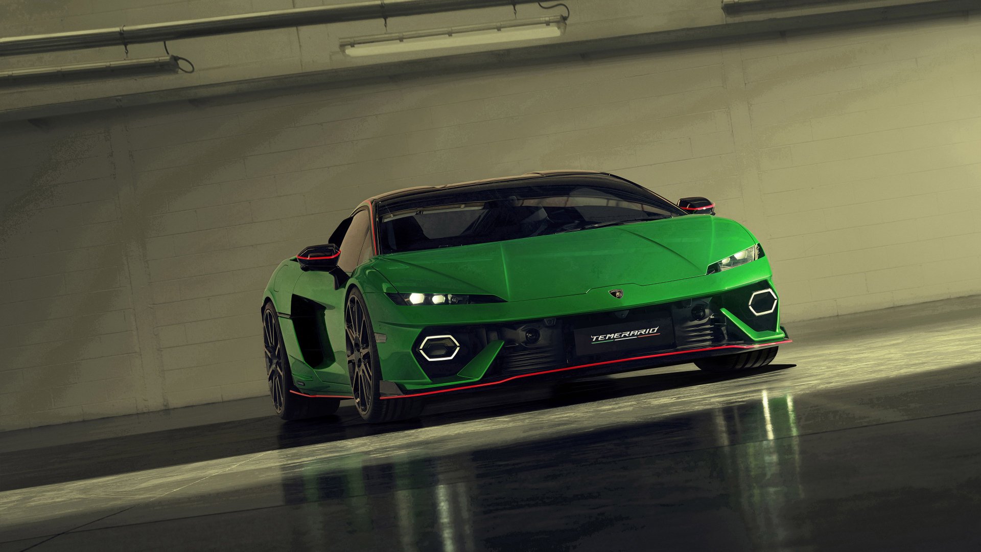 A striking Lamborghini Temerario in vibrant green, showcased in a sleek indoor setting. This high-definition image serves as an impressive desktop wallpaper and background.