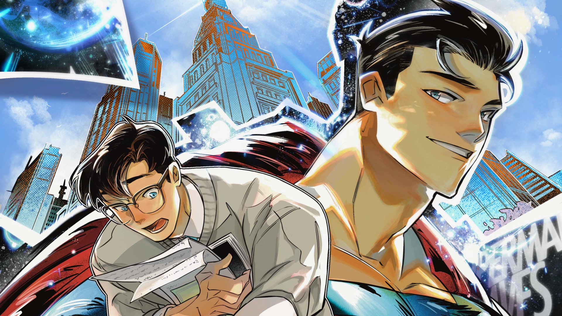 2K Quad HD PC desktop wallpaper of My Adventures With Superman: Clark Kent in glasses clutching a paper beside Superman in cape, towering cityscape and vivid sky.