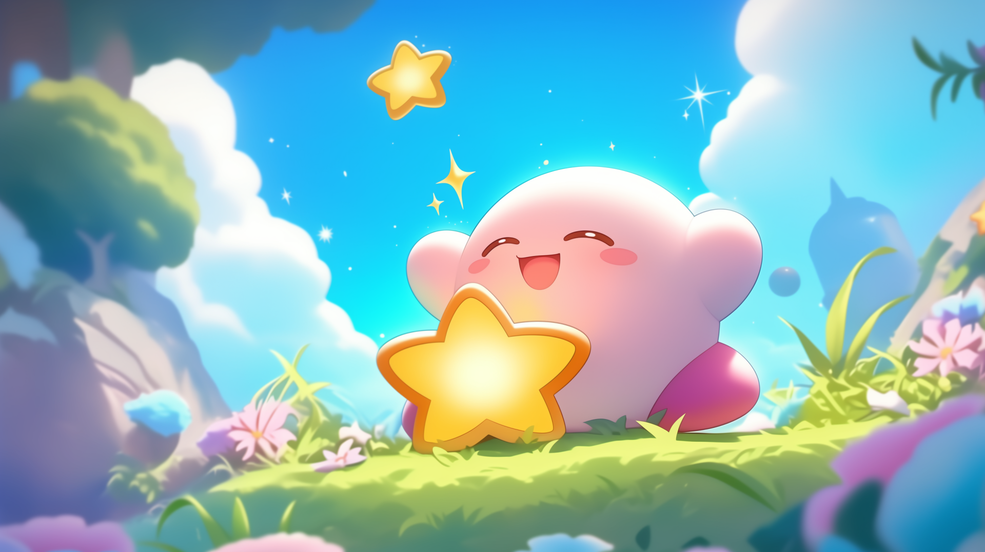 HD desktop wallpaper featuring Kirby, the beloved video game character, surrounded by stars. A vibrant and playful background for fans of the classic franchise.
