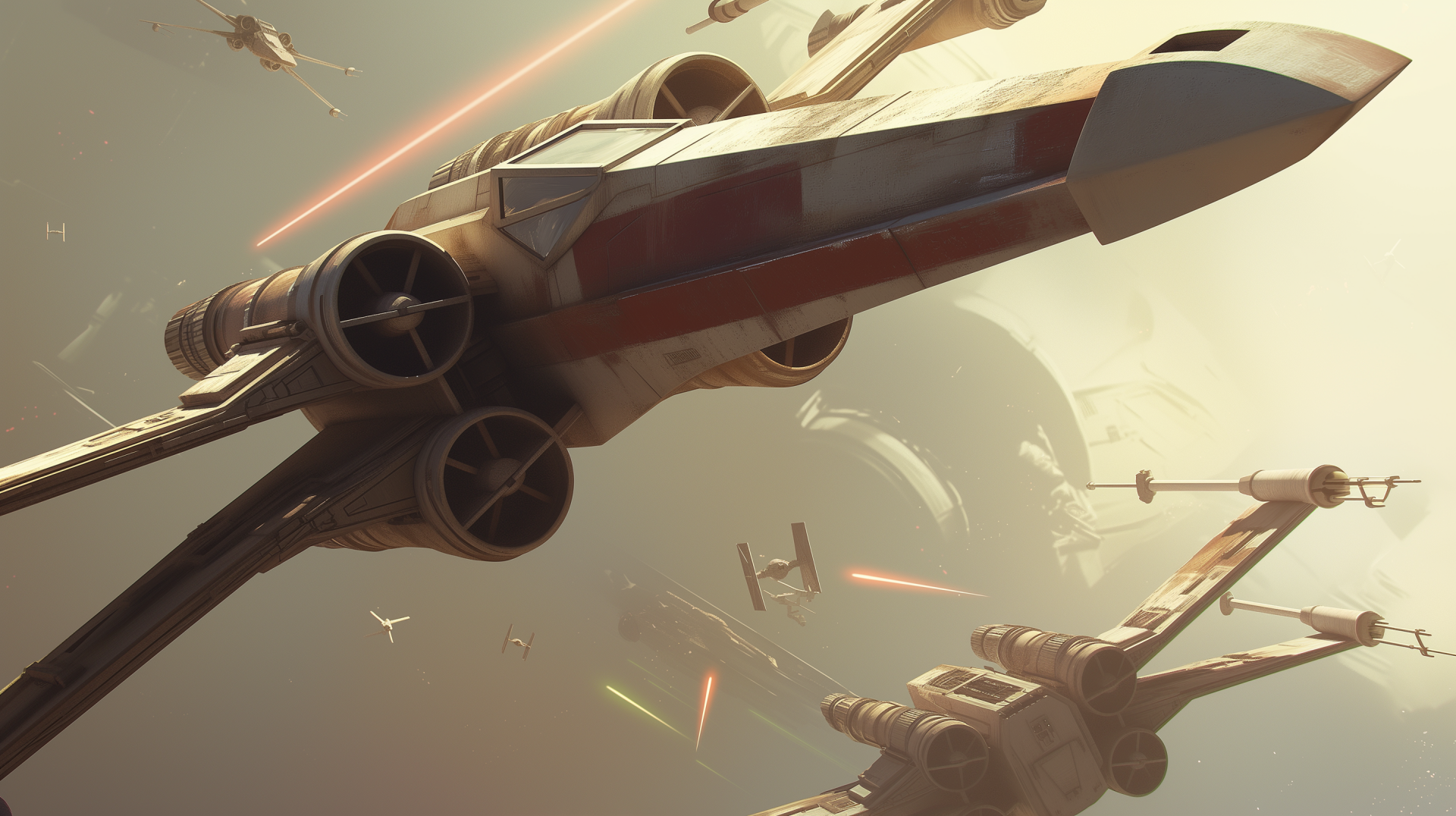 An HD desktop wallpaper featuring an X-Wing from Star Wars, engaged in a space battle with TIE fighters and vibrant laser beams amidst a distant planet backdrop.