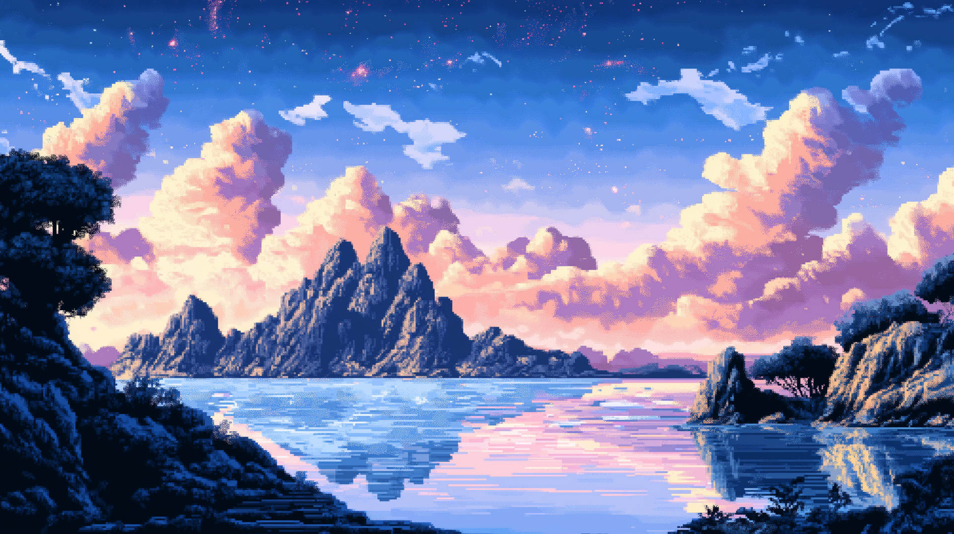 HD pixel art fantasy landscape featuring a serene lake reflecting jagged mountains under a vibrant sky with colorful clouds, designed as a PC desktop wallpaper.