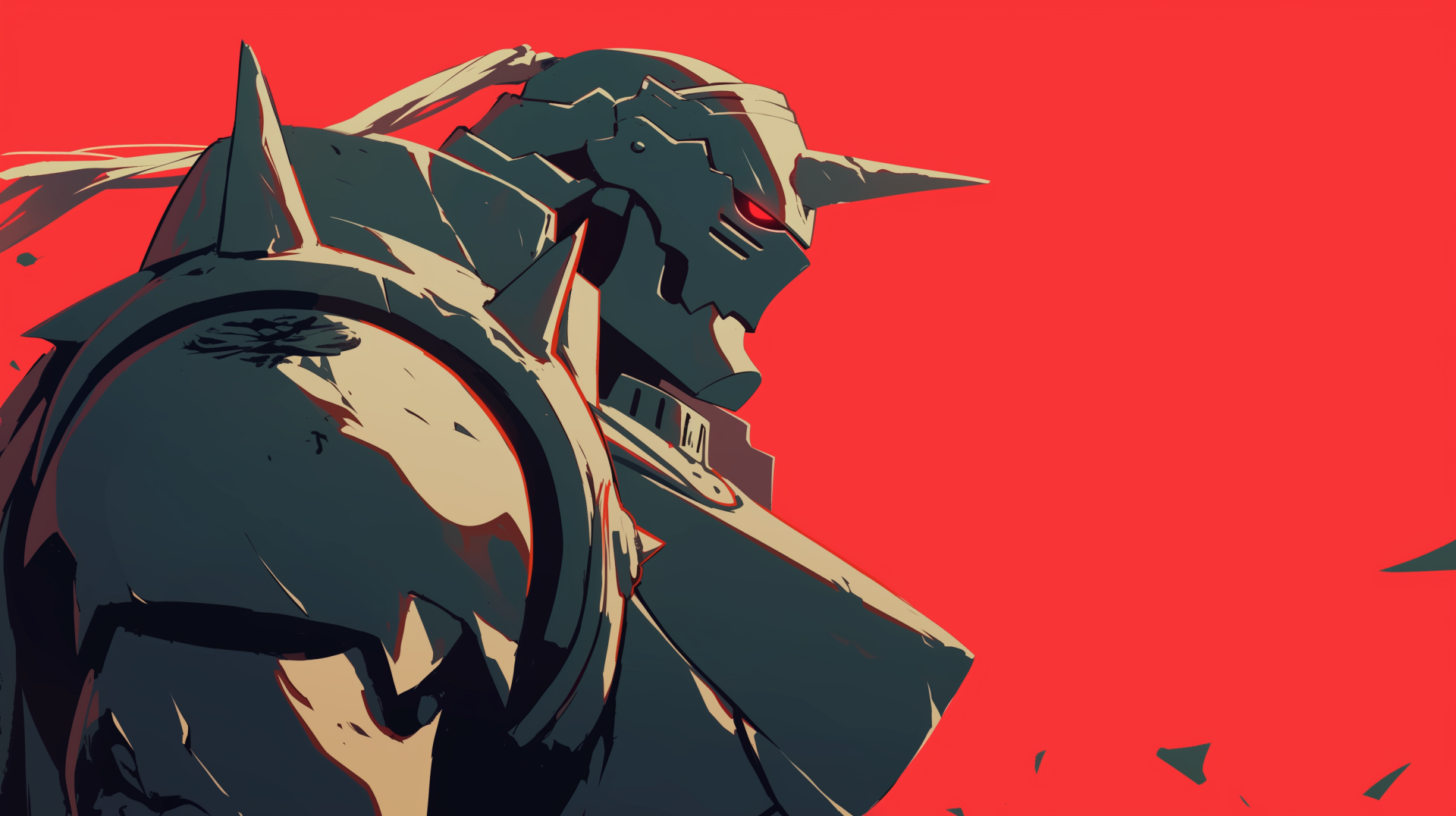 HD wallpaper featuring Alphonse Elric from Fullmetal Alchemist, showcasing his armored figure against a striking red background.