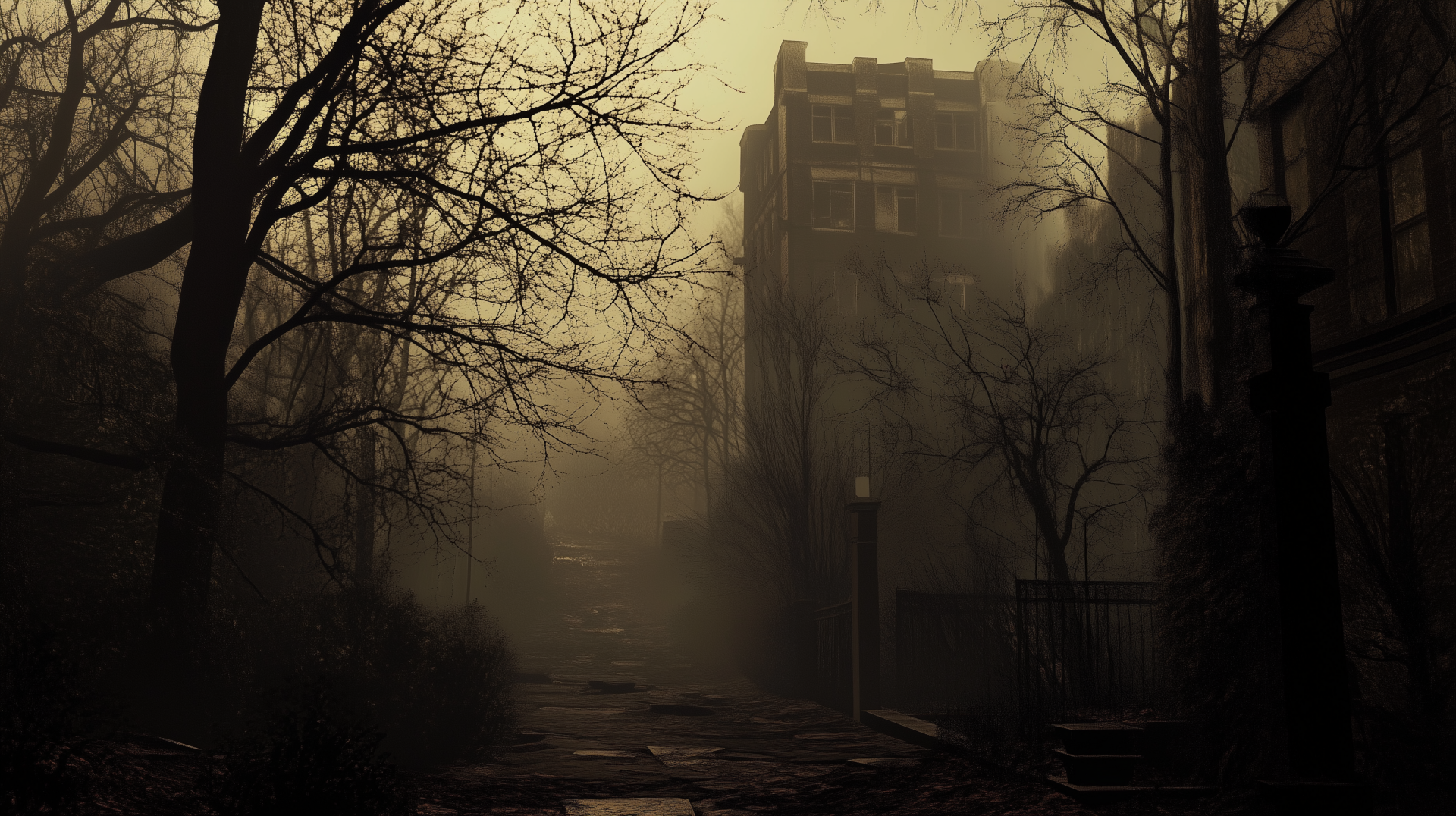 A haunting landscape from Silent Hill, enveloped in dense fog and shadowy silhouettes of abandoned buildings, evokes a sense of loneliness and unease in this HD wallpaper.
