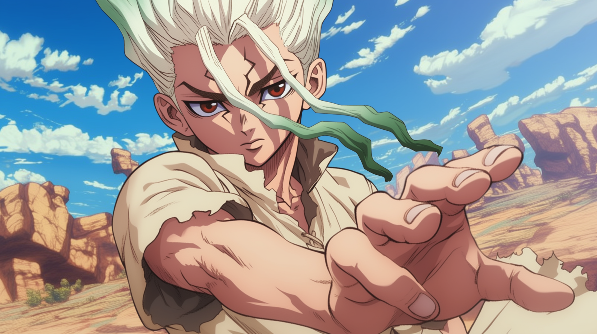 HD desktop wallpaper featuring Senku Ishigami from the anime Dr. Stone, showcasing vibrant colors and dynamic artistry that captures the essence of the series.