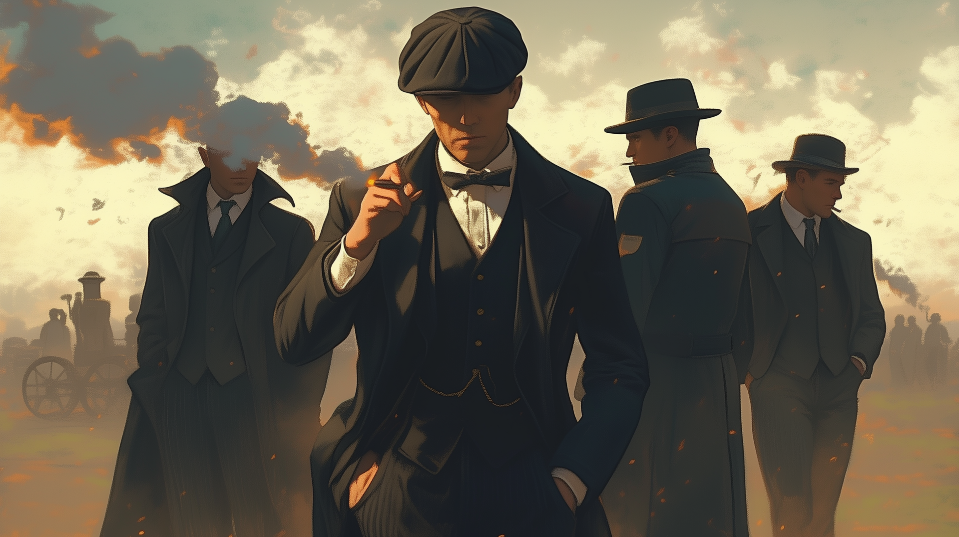 A dramatic scene from the TV show Peaky Blinders, featuring a man in a beret and a stylish suit, surrounded by enigmatic figures against a moody, atmospheric background.