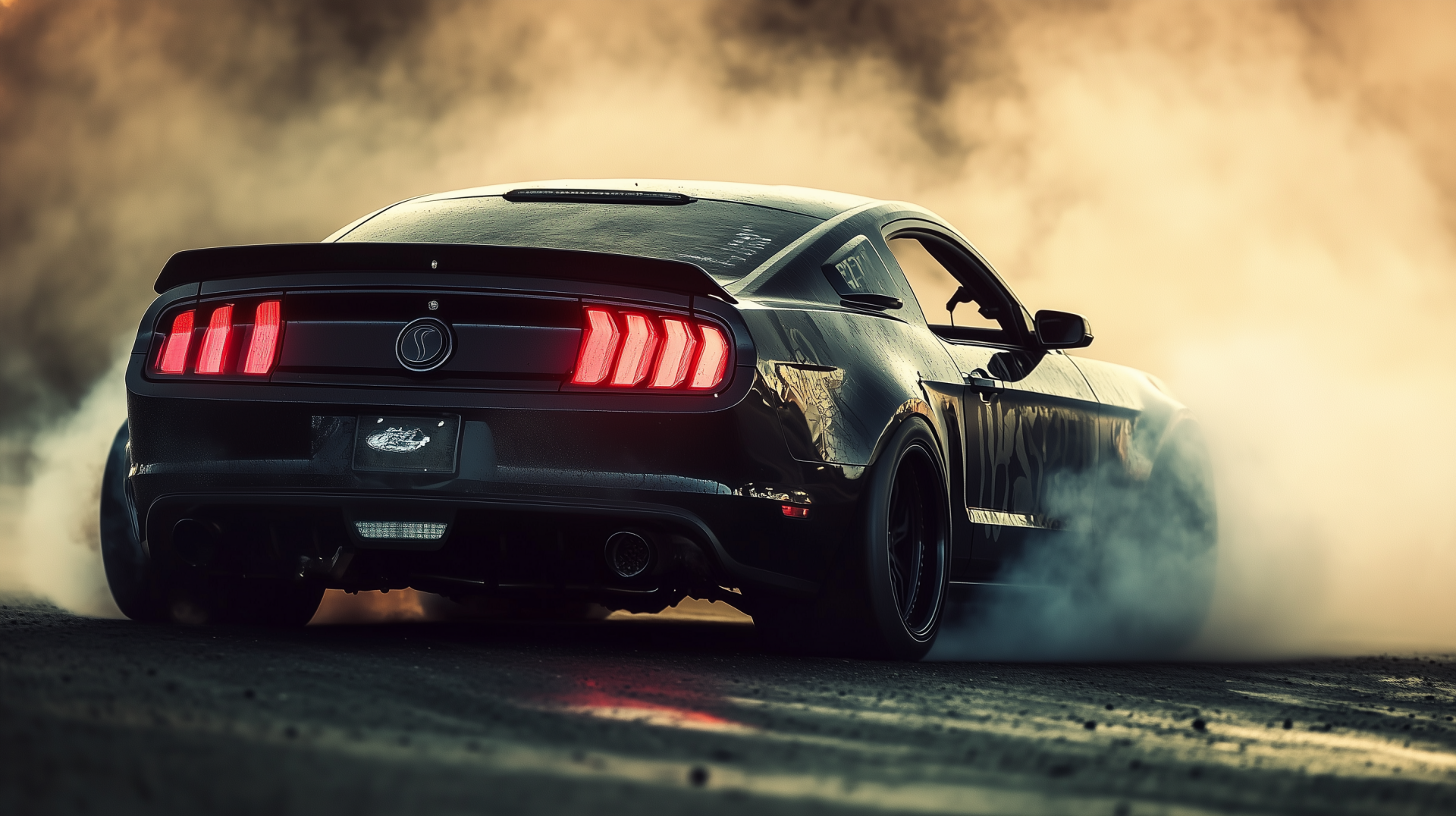 A sleek black Ford Mustang speeds through a cloud of smoke, showcasing its iconic taillights. This high-definition image serves as an impressive desktop wallpaper.