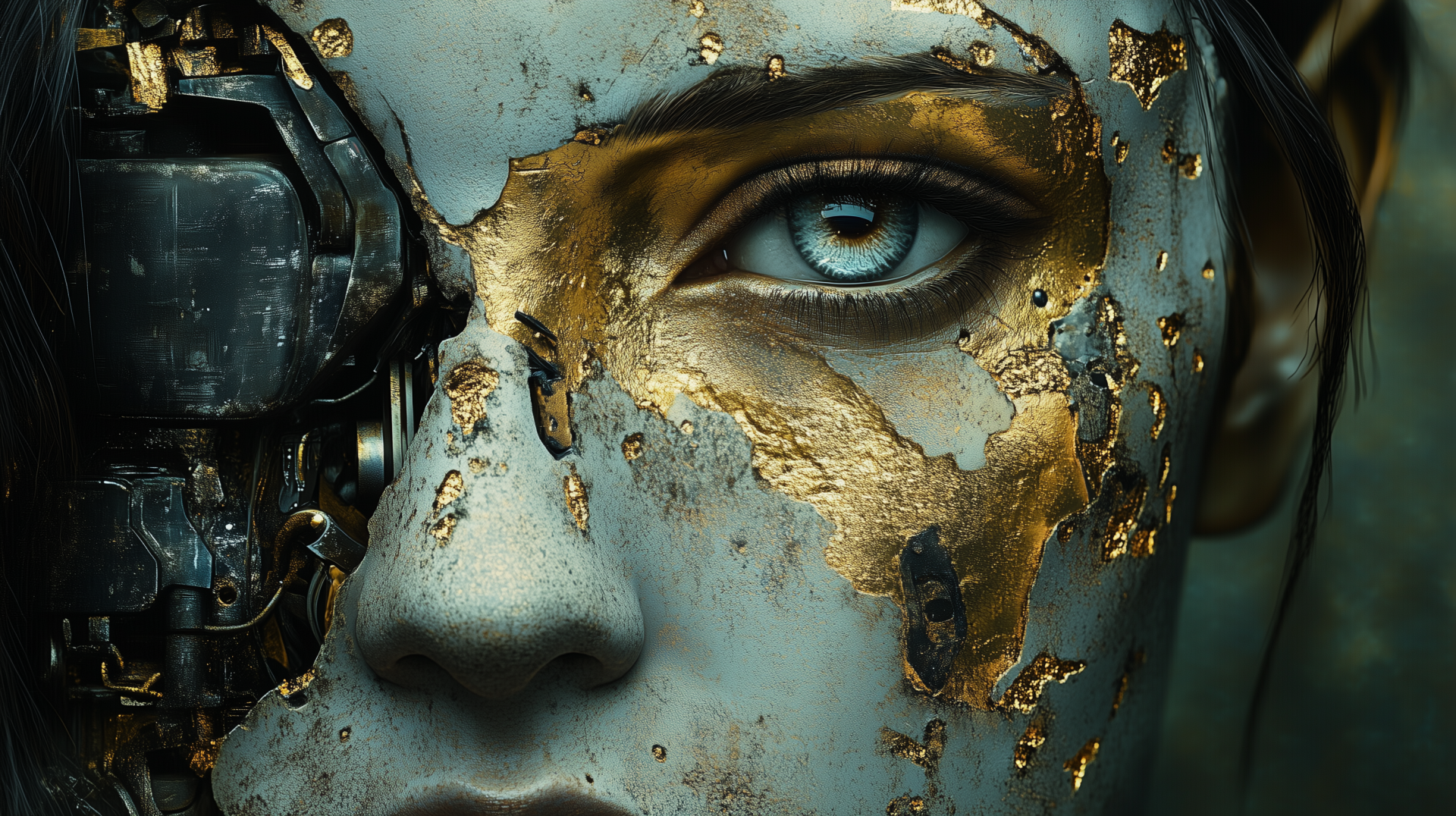 Close-up HD PC desktop wallpaper of a robot face with blue eye, featuring AI art style and gold textured details on a futuristic metallic surface.