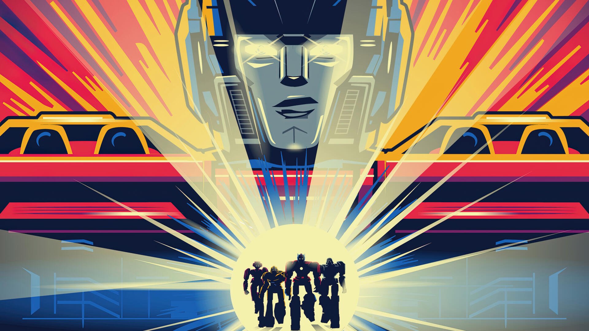 HD PC desktop wallpaper featuring stylized artwork of Transformers One, showcasing a glowing robot head and a group of smaller robots walking forward against a vibrant background.