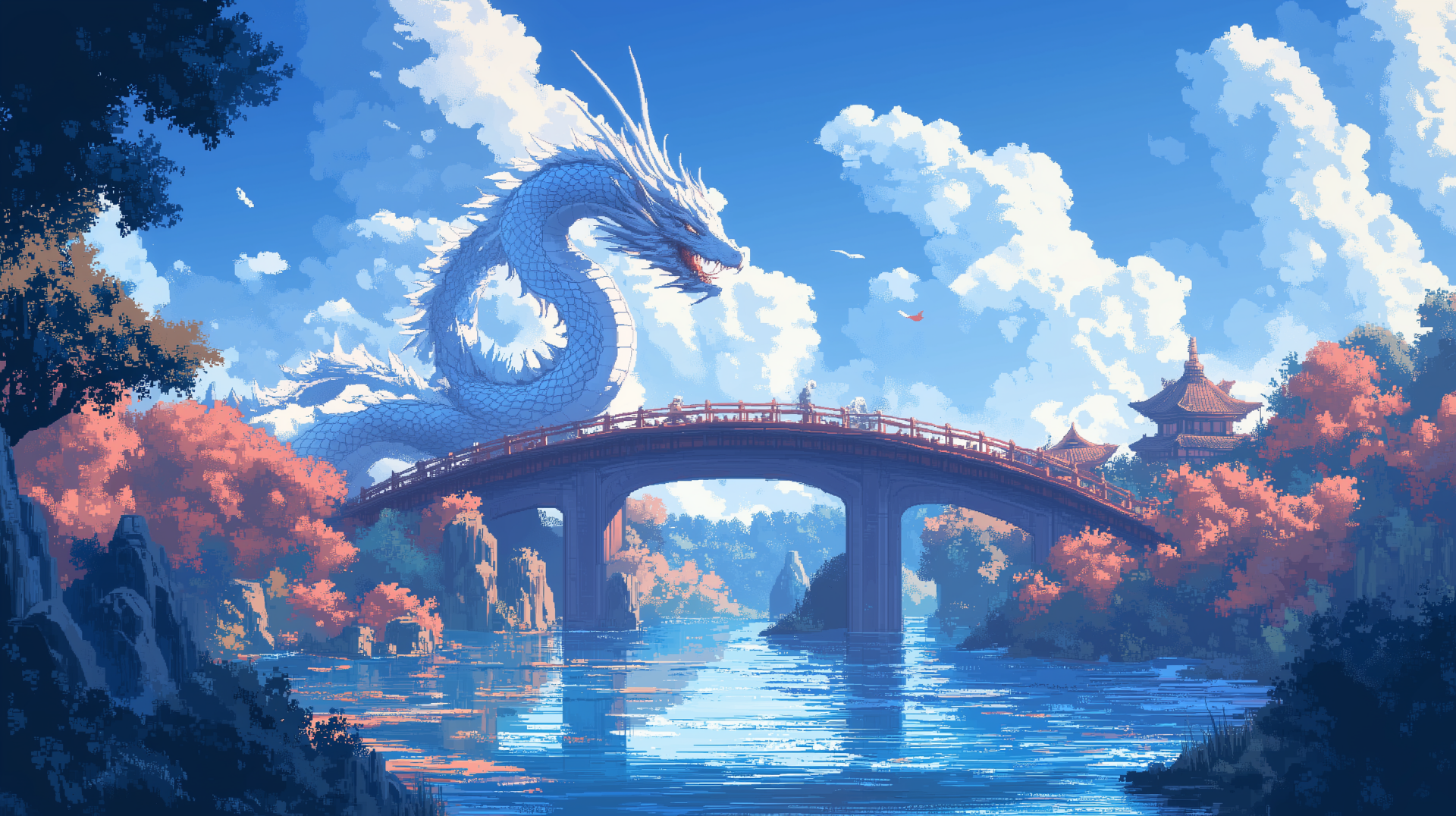 HD pixel art wallpaper of a majestic white dragon arching over a Japanese bridge, surrounded by autumn trees and a reflective river under a vibrant blue sky.