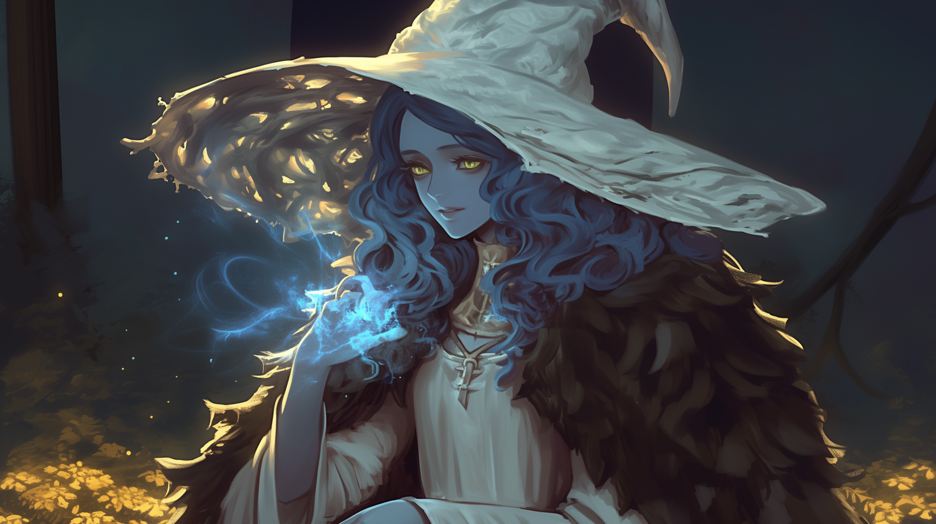 HD desktop wallpaper featuring Ranni the Witch from the video game Elden Ring, showcasing her mystical aura and captivating presence in a beautifully designed backdrop.