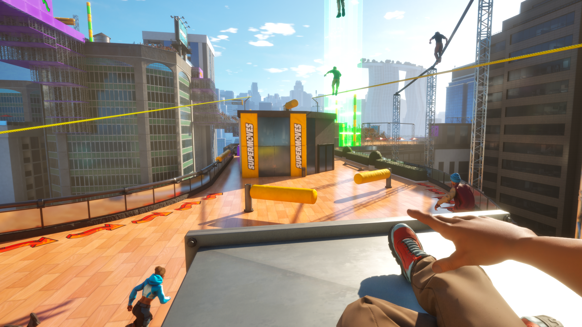 A vibrant HD wallpaper showcasing an action-packed scene from a video game, featuring characters performing supermoves atop a city skyline. Dynamic colors and urban energy set the mood.