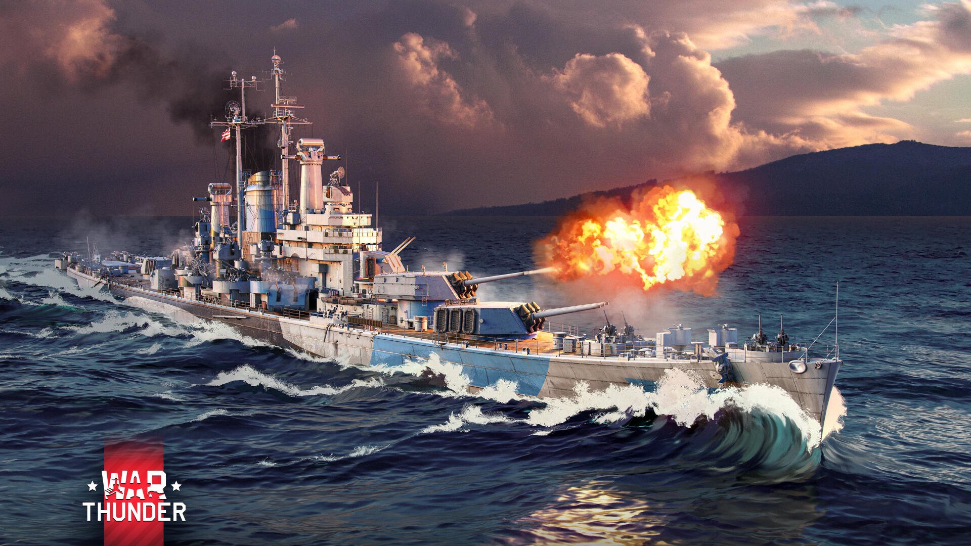 An HD desktop wallpaper featuring dynamic imagery related to the video game War Thunder, showcasing a powerful warship in action on the high seas.