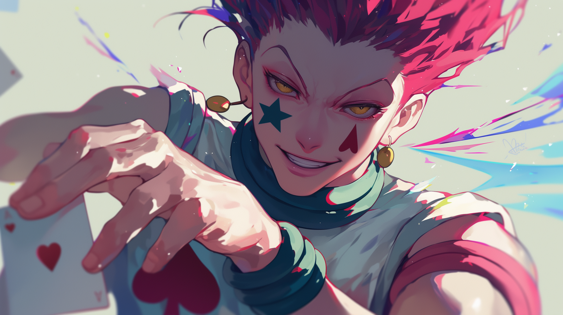 HD desktop wallpaper featuring Hisoka, the enigmatic magician from the anime Hunter x Hunter, showcasing his distinctive style and captivating presence.