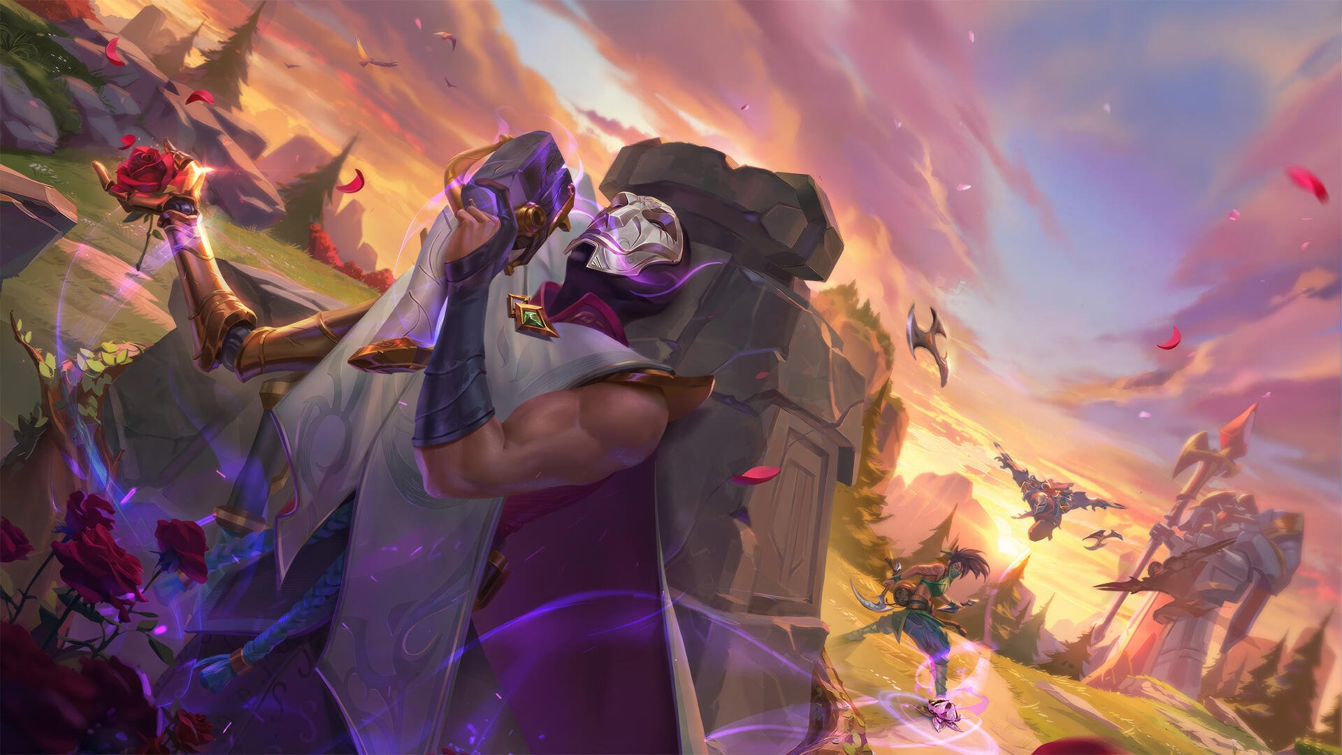 HD desktop wallpaper featuring characters Akali, Jhin, and Zed from League of Legends, capturing the vibrant essence of the game in a dynamic and visually engaging design.