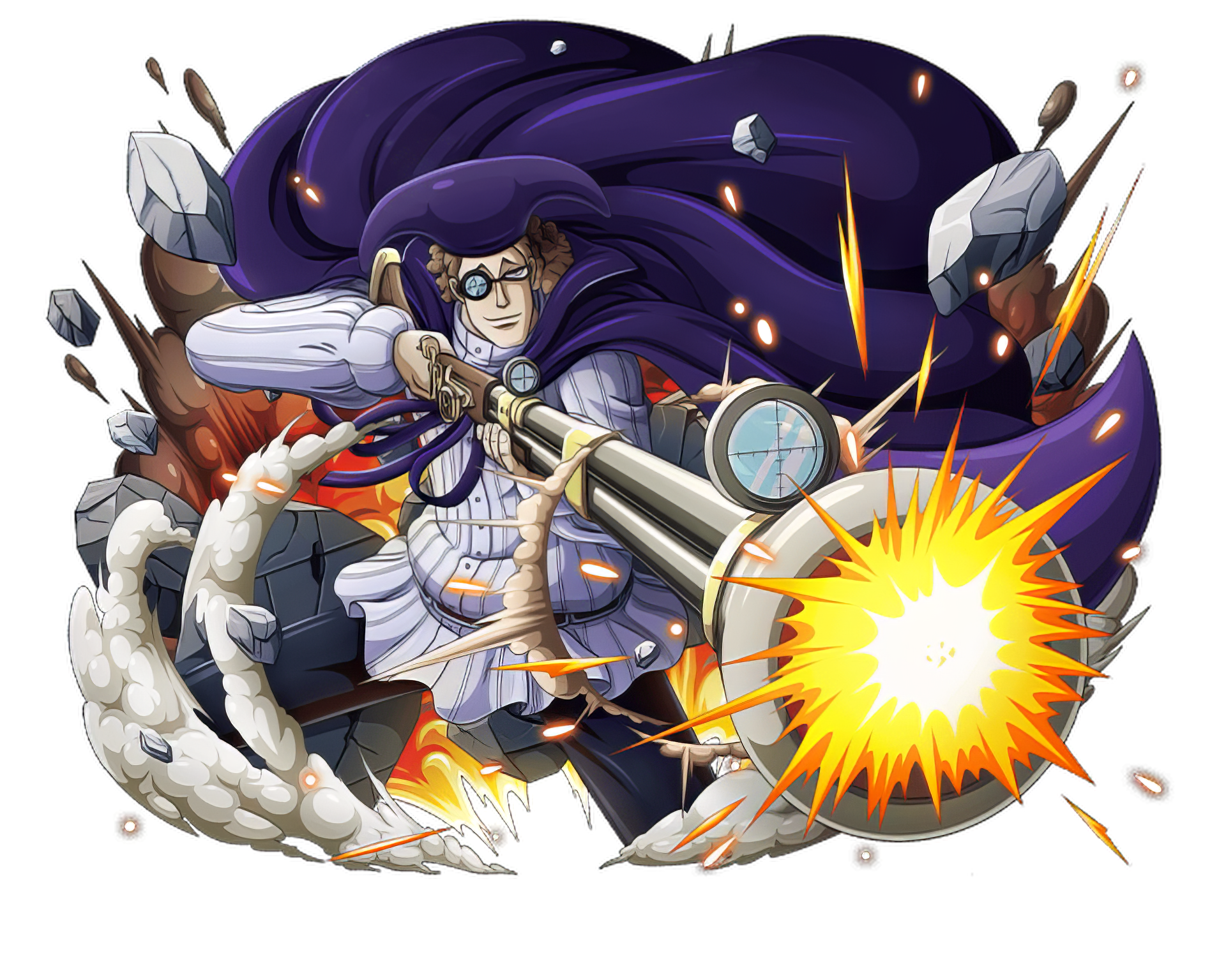 High-definition desktop wallpaper featuring Van Augur from One Piece, dramatically posed with a large rifle amidst explosive action and dynamic effects.