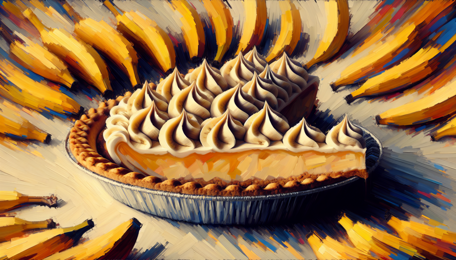 A colorful HD desktop wallpaper featuring a delicious banana cream pie with luscious swirls of cream, surrounded by vibrant bananas. A tempting visual treat for your background.