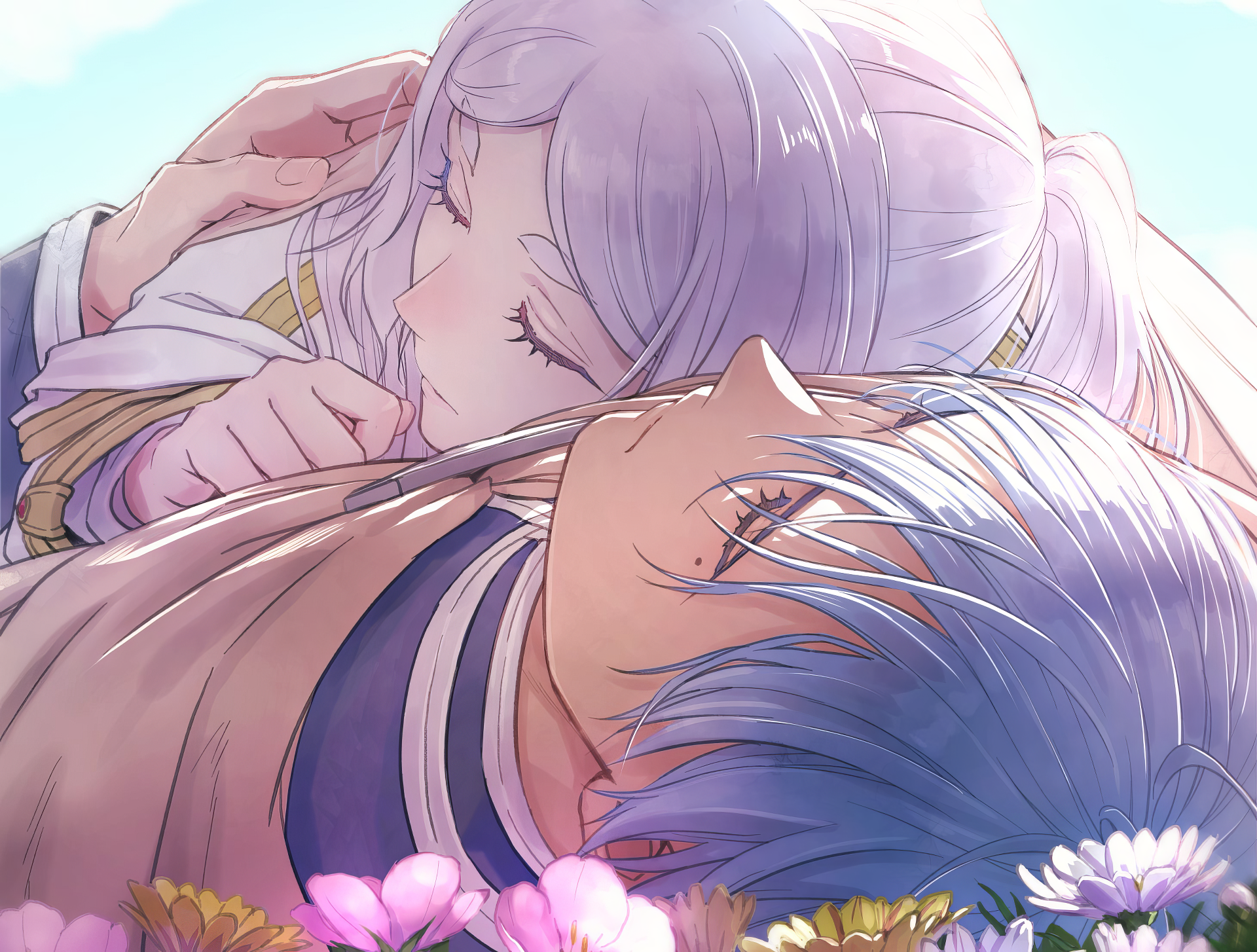 A serene HD desktop wallpaper featuring characters Frieren and Himmel from Frieren: Beyond Journey's End, capturing an intimate moment between them under a bright sky.