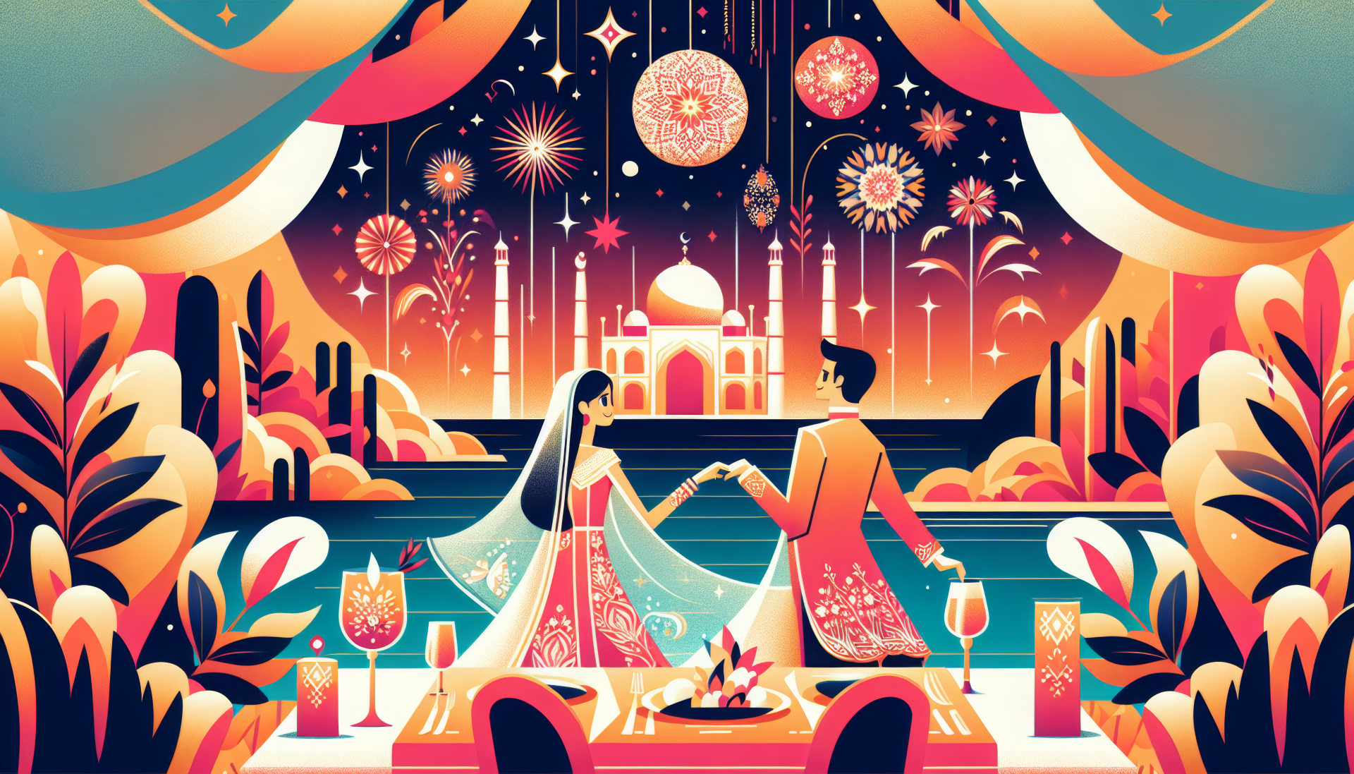 A romantic illustration depicting a couple holding hands during their honeymoon, surrounded by vibrant colors and festive decorations, creating a captivating 4K Ultra HD wallpaper.
