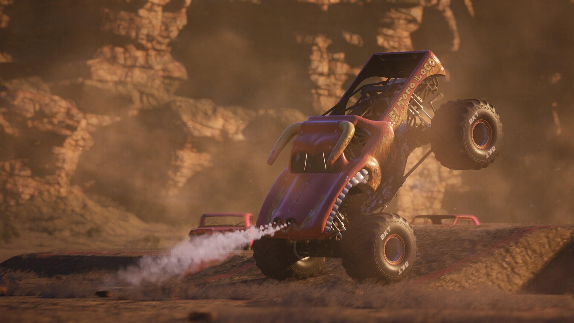 HD desktop wallpaper featuring scenes from the Monster Jam Showdown video game, showcasing vibrant colors and thrilling monster truck action for an exciting backdrop.