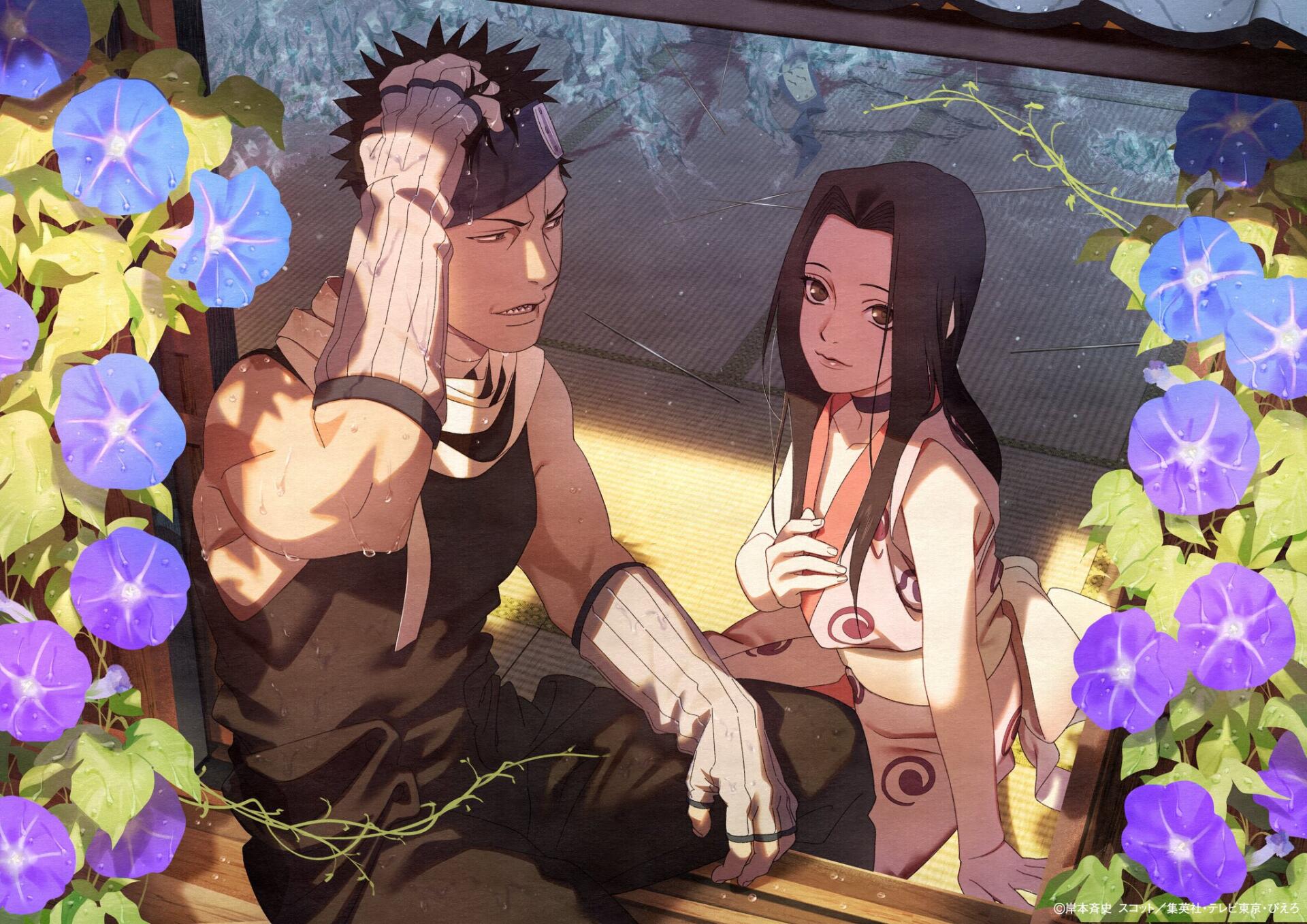 Anime HD desktop wallpaper featuring Naruto characters Zabuza Momochi and Haku surrounded by purple morning glories in a serene, detailed background.