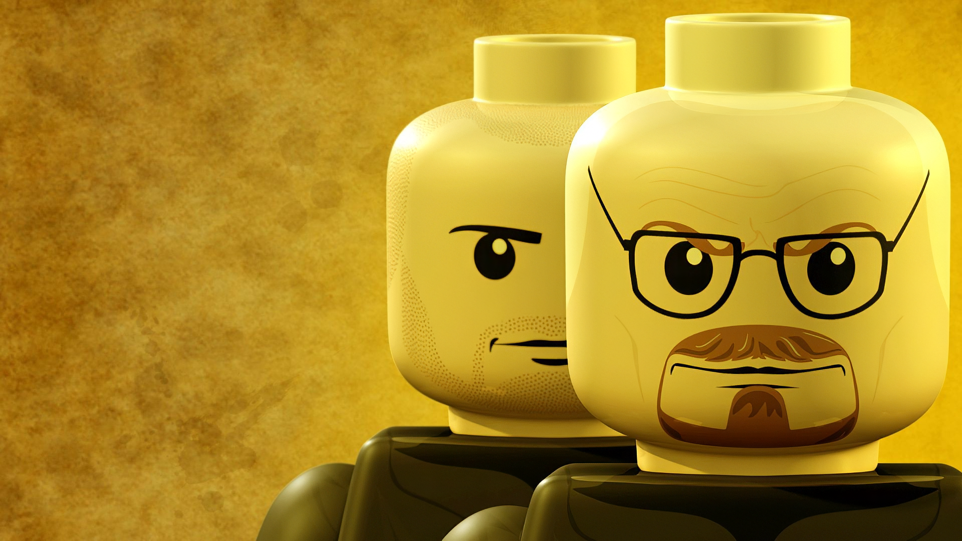 A vibrant HD PC desktop wallpaper featuring a LEGO-inspired interpretation of Walter White from Breaking Bad, blending video game aesthetics with iconic character design.