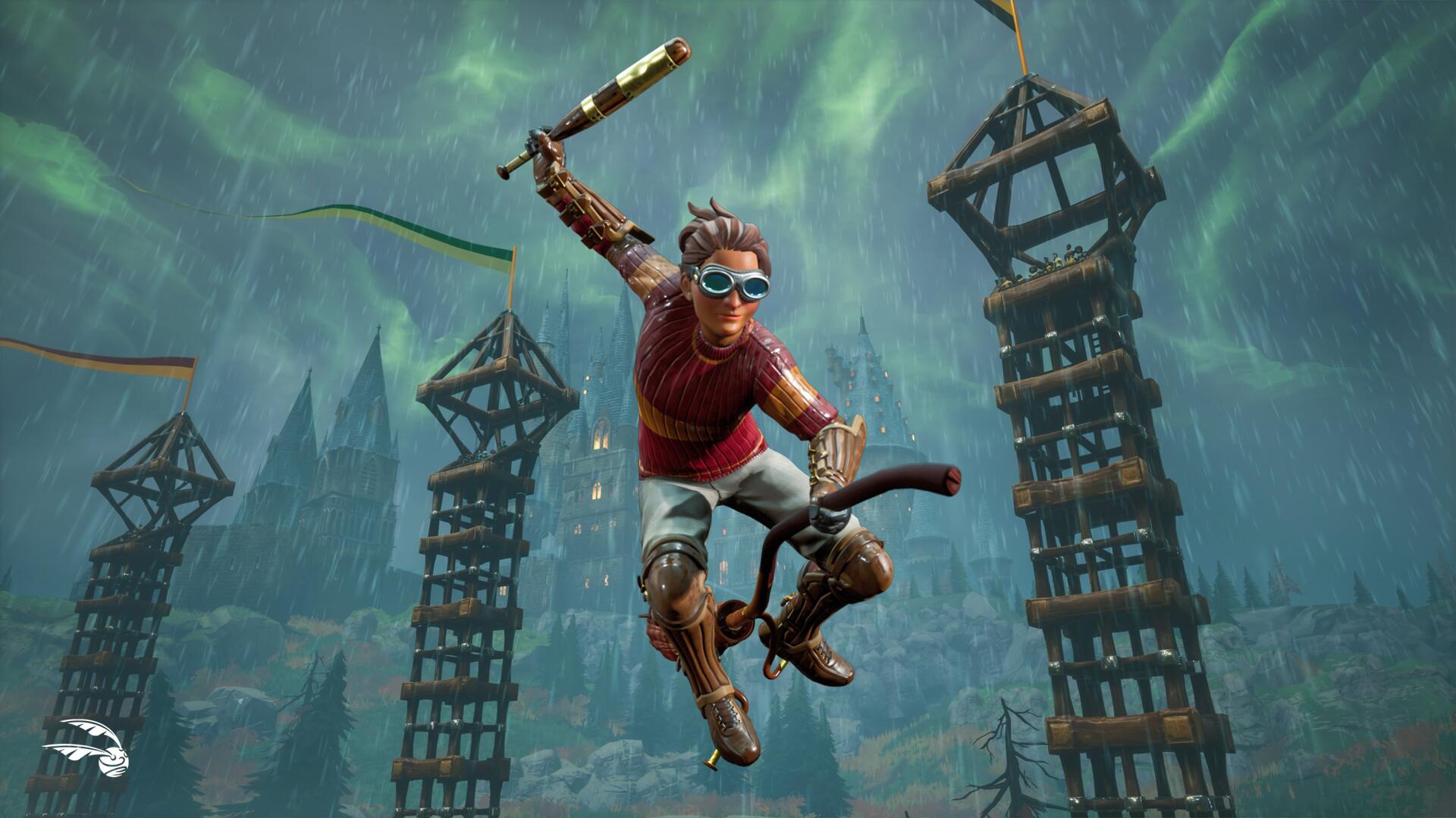 An HD PC desktop wallpaper featuring elements from the video game Harry Potter: Quidditch Champions, showcasing the excitement of magical sports and gameplay.