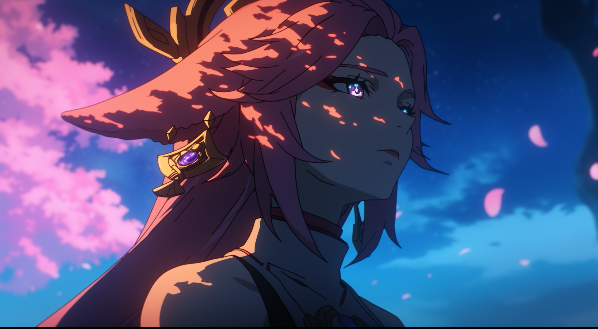 A vibrant HD wallpaper featuring Yae Miko Guuji from Genshin Impact, showcasing her serene expression against a backdrop of colorful clouds and cherry blossoms.