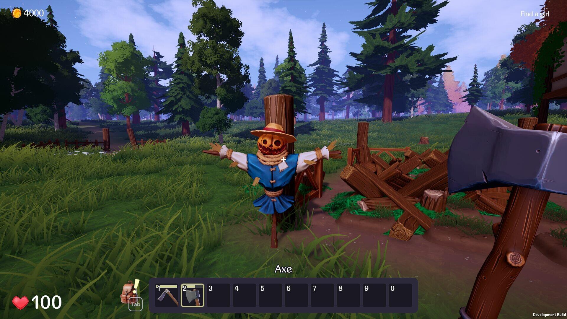 A vibrant HD wallpaper from the video game Ale & Tale Tavern, showcasing a whimsical scarecrow in a lush green landscape, surrounded by trees and debris.