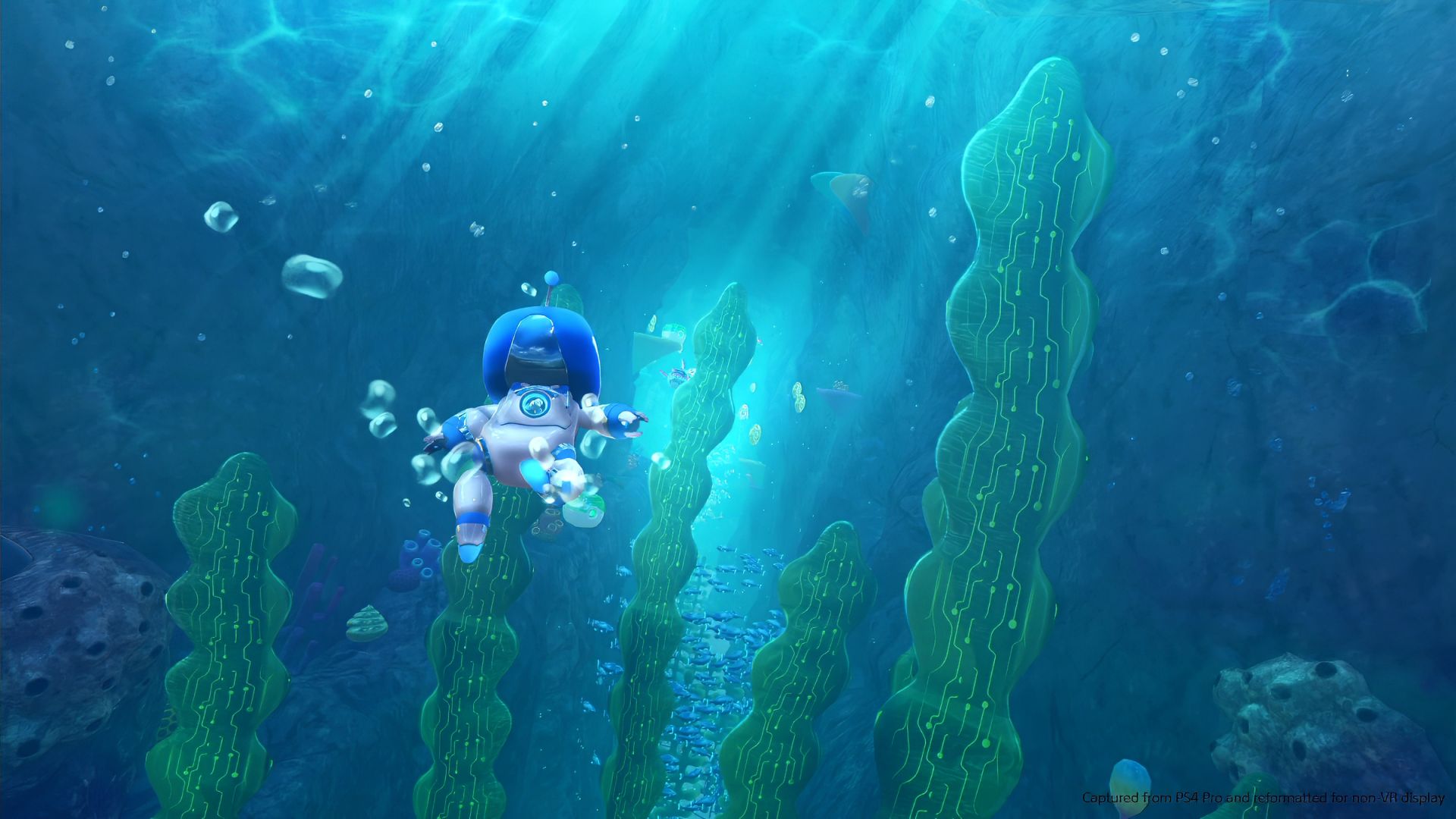 A vibrant HD PC desktop wallpaper featuring characters from Astro Bot Rescue Mission, showcasing a dynamic and engaging video game atmosphere.