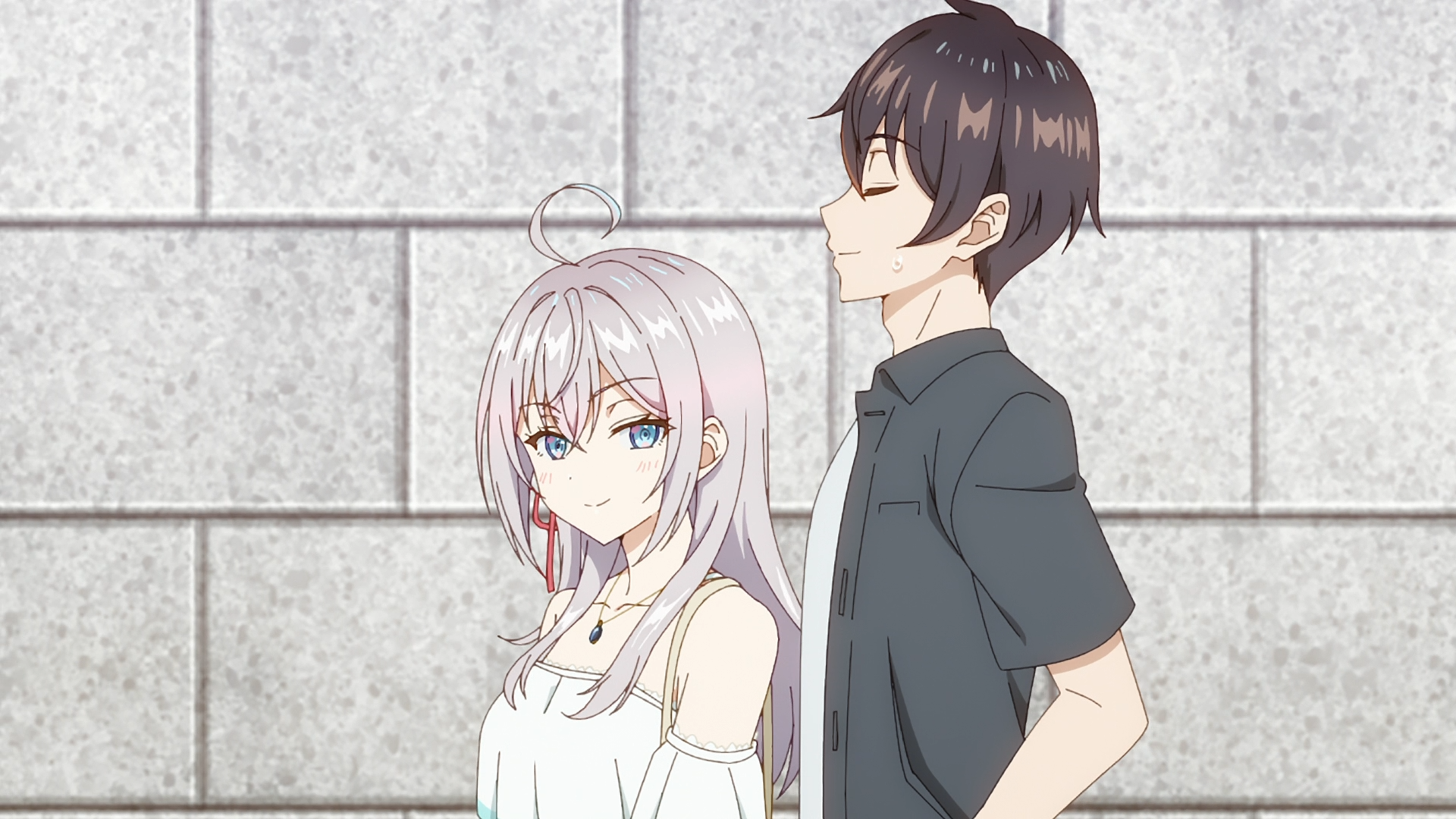 Anime HD wallpaper featuring Alisa Mikhailovna Kujou and a male character from Alya Sometimes Hides Her Feelings against a tiled wall background.