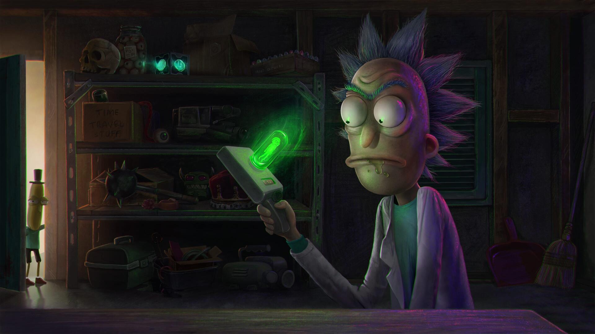 A vibrant 4K Ultra HD wallpaper featuring Rick Sanchez from the TV show Rick and Morty, showcasing his iconic design and adventurous spirit.
