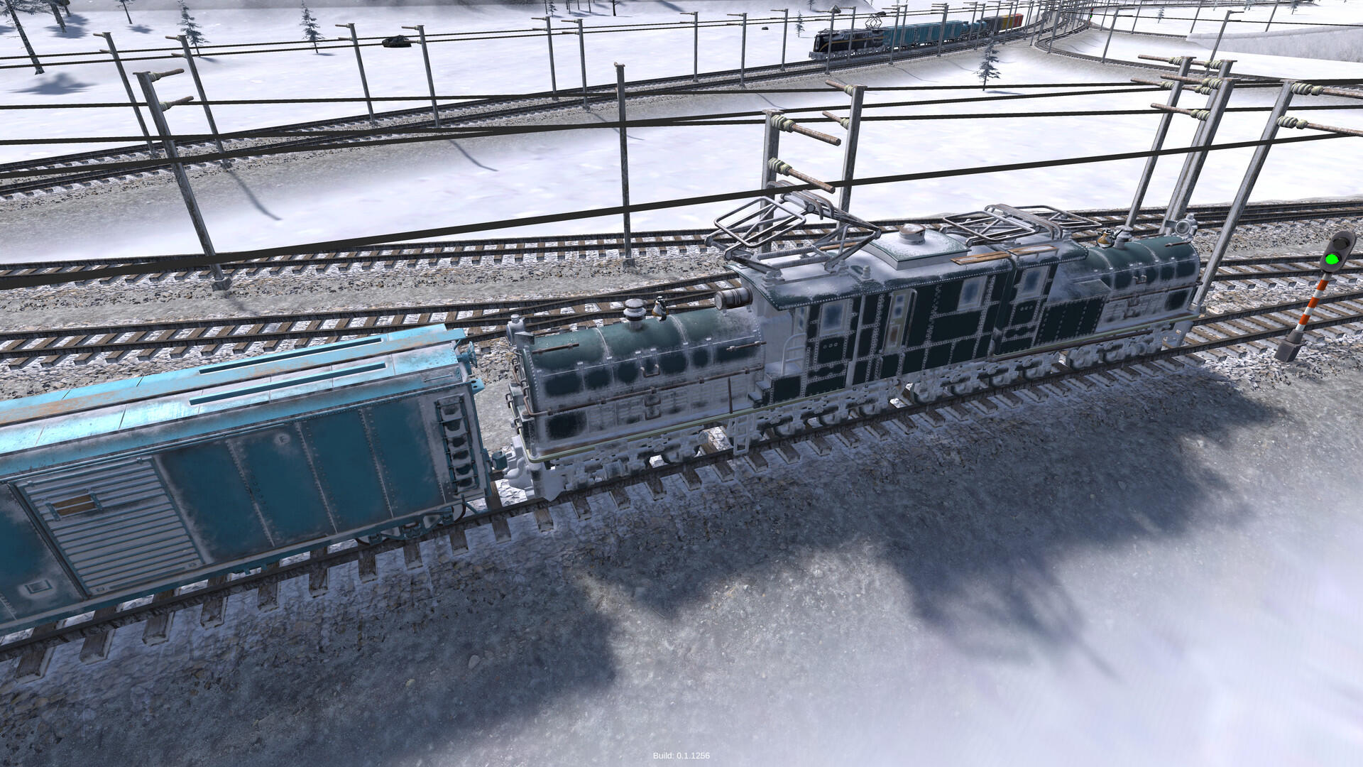 A detailed HD PC desktop wallpaper featuring a train from the video game Railroad Corporation 2, set against a snowy landscape with multiple tracks in view.