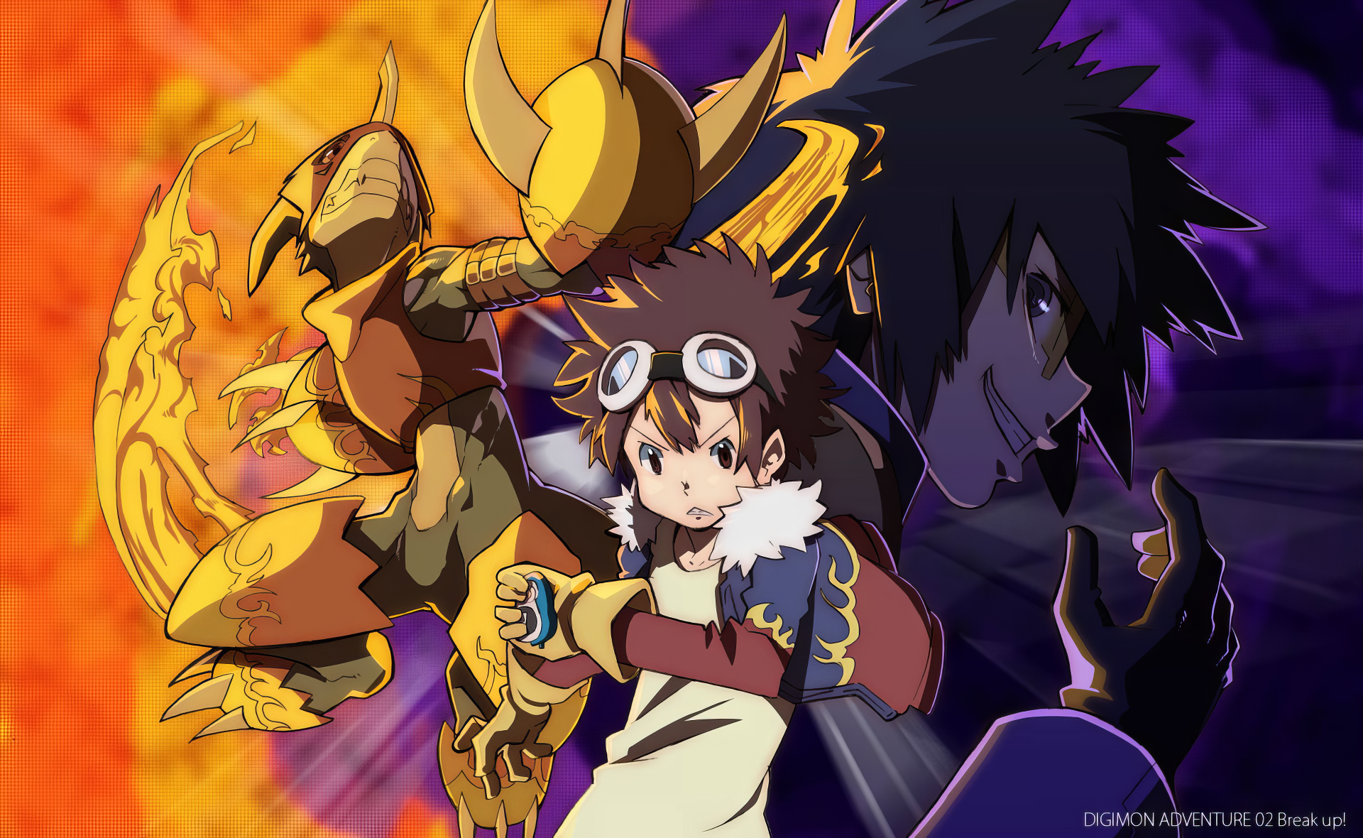 HD wallpaper featuring characters from Digimon Adventure, showcasing a dynamic scene with a young hero and their Digimon partner against a vibrant background.