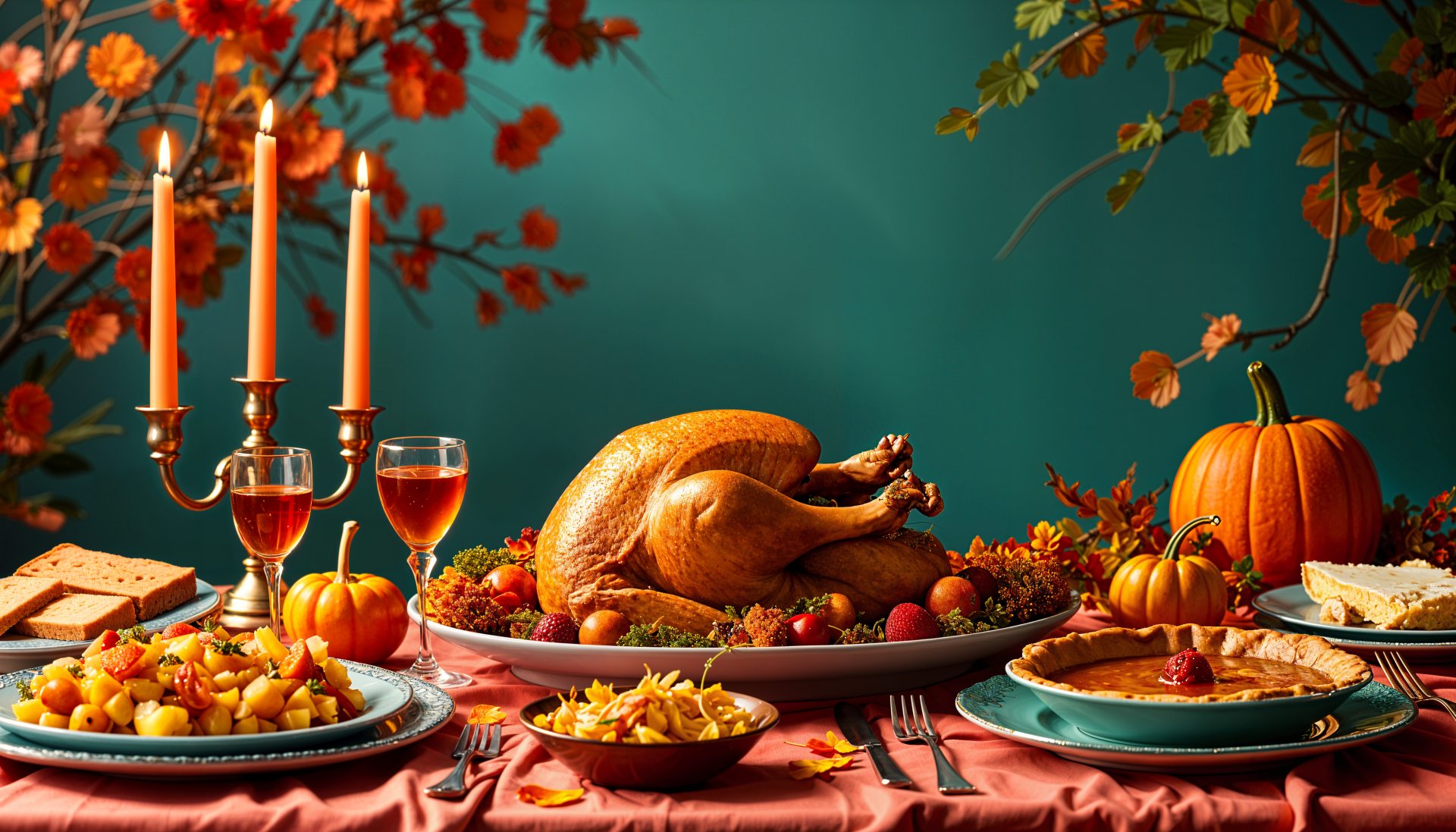 A beautifully arranged Thanksgiving dinner featuring a golden turkey, decorative pumpkins, and festive dishes, set against a vibrant autumn backdrop. 4K Ultra HD wallpaper.