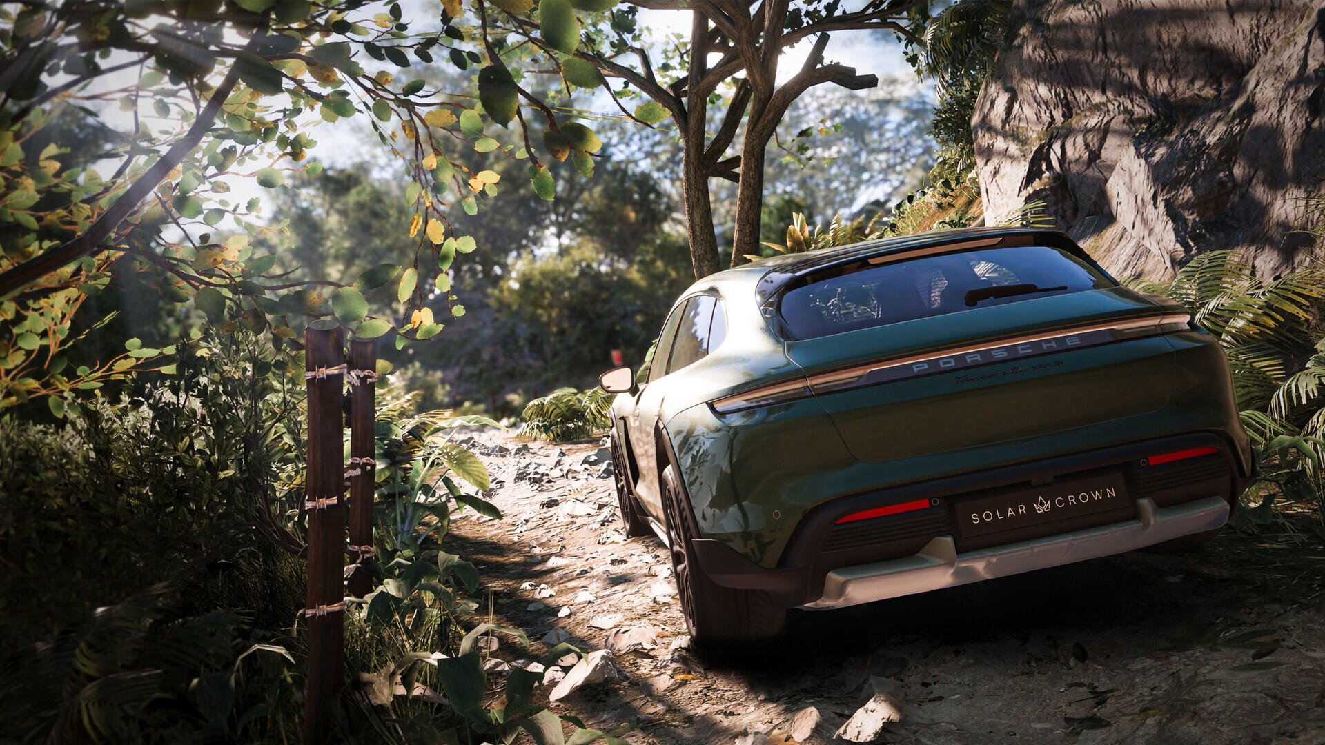 A stunning HD wallpaper from Test Drive Unlimited Solar Crown, showcasing a sleek car navigating a lush, green landscape surrounded by trees and rocks.