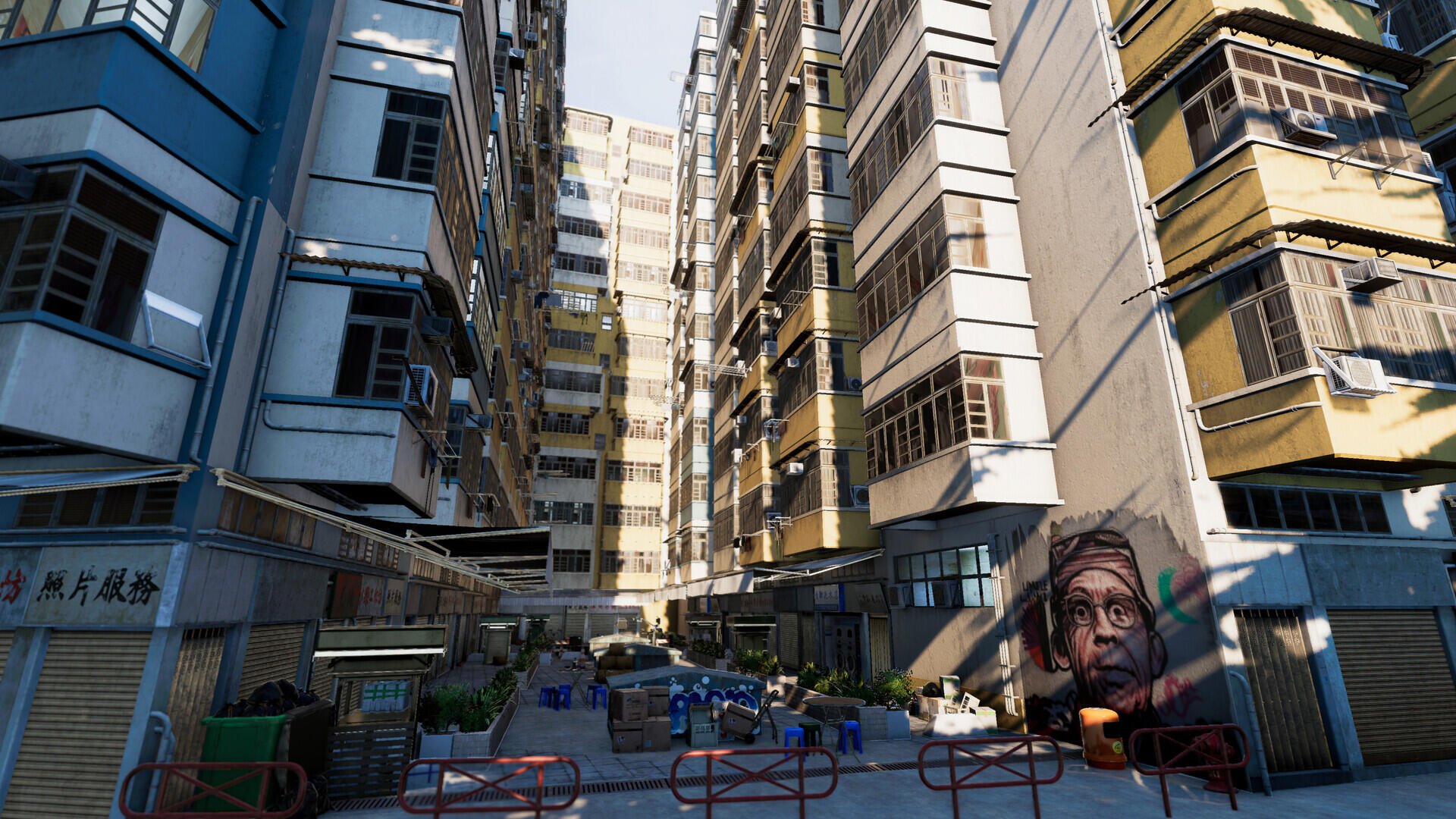 A vibrant city scene from Test Drive Unlimited Solar Crown, showcasing tall buildings and street art, captured in HD for an immersive PC desktop wallpaper.