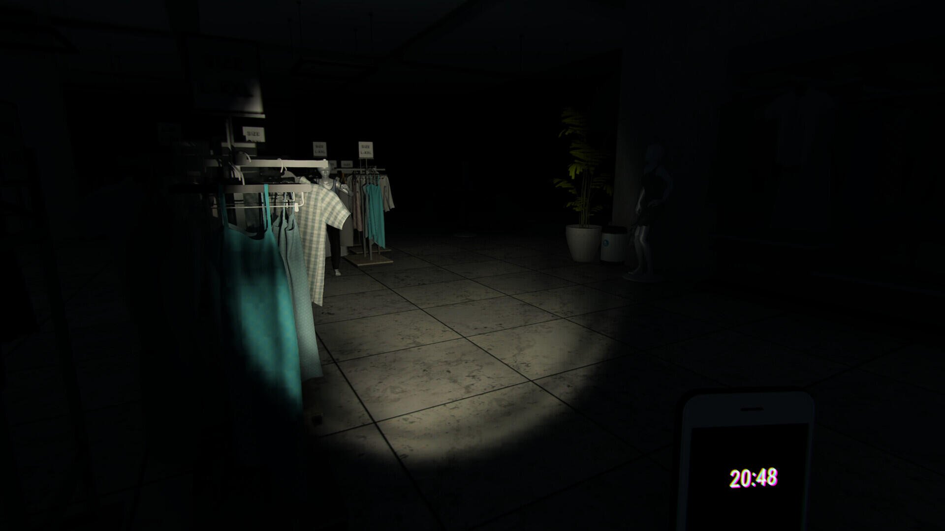 A dimly lit interior featuring clothing racks against a dark background, showcasing a scene from the video game Mannequin (2024). A flashlight beam adds a sense of suspense.