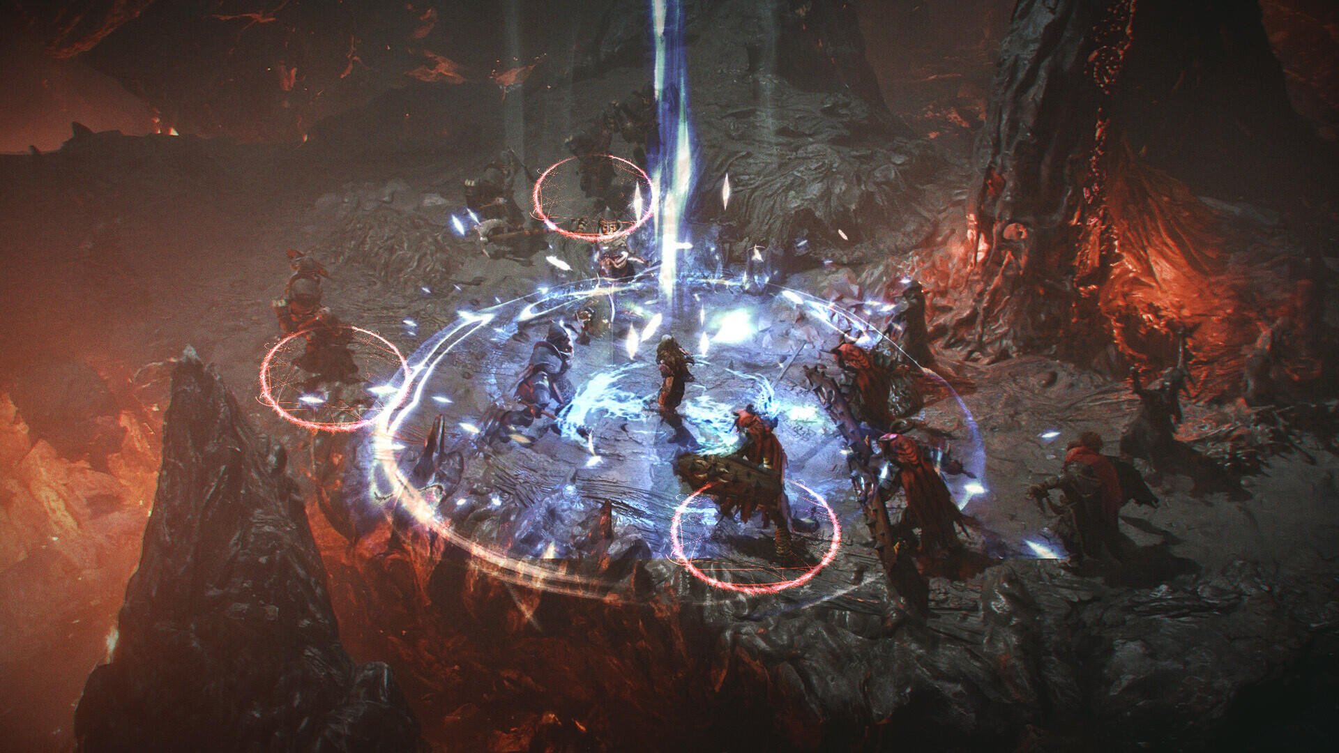 A dramatic HD wallpaper from the video game Jotunnslayer: Hordes of Hel, featuring intense combat amidst a mystical arena illuminated by glowing circles and a central beam of light.