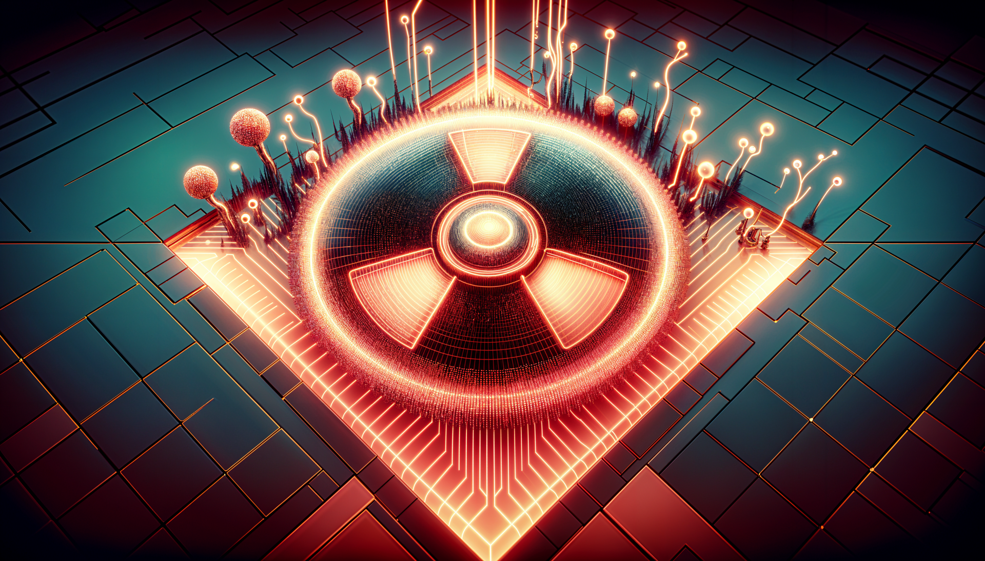 A vibrant 4K Ultra HD desktop wallpaper featuring a futuristic, glowing radioactive symbol surrounded by abstract, glowing patterns and digital elements.
