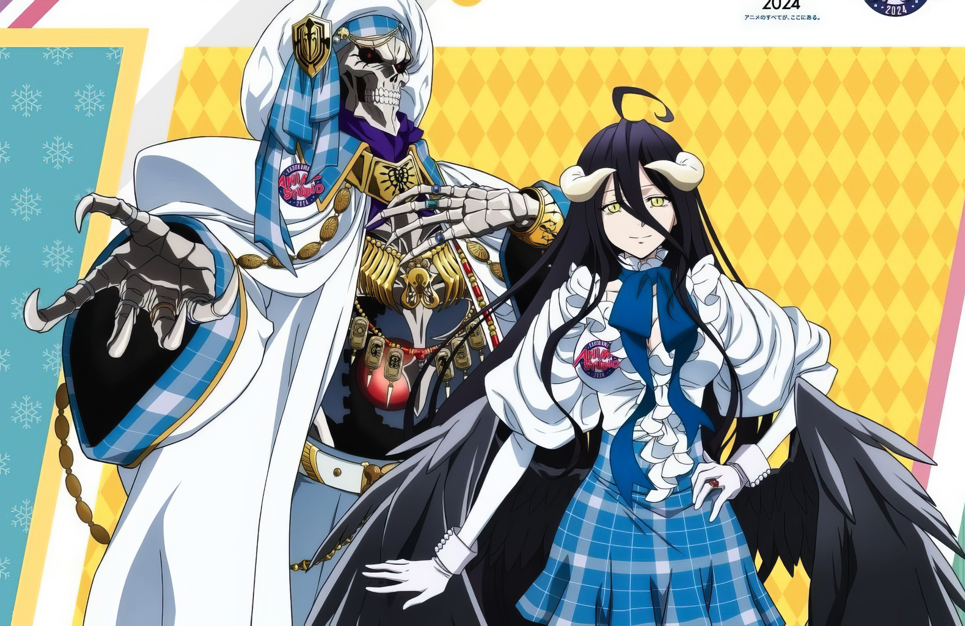 Ainz Ooal Gown and Albedo from Overlord: The Sacred Kingdom are featured in this vibrant HD wallpaper, showcasing their unique designs and striking poses against a colorful background.