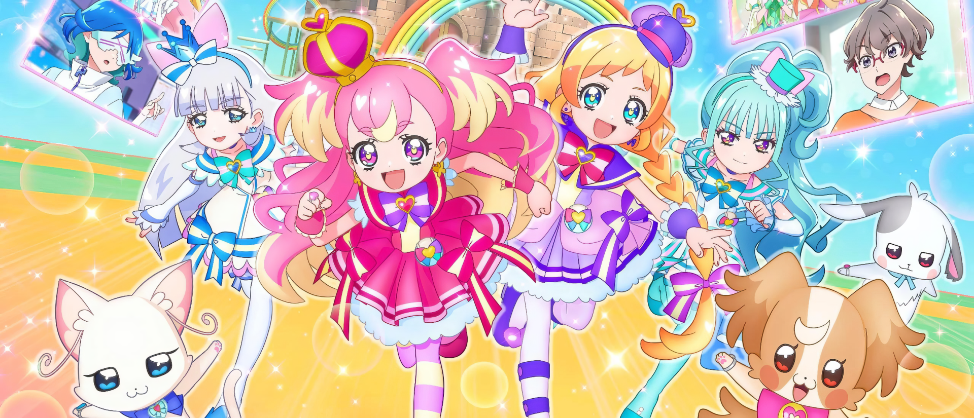 Colorful anime characters from Wonderful Pretty Cure! The Movie!: A Thrilling Adventure In The Game World! joyfully run together, set against a vibrant, magical background.