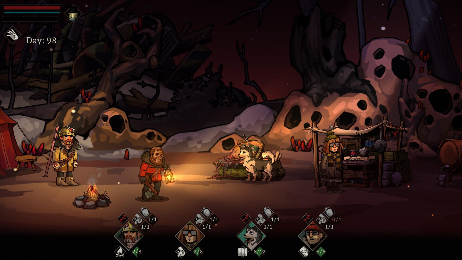 A scene from the video game Edge of Sanity, featuring characters by a campfire in a dark, eerie landscape with a haunting backdrop. HD PC desktop wallpaper featuring survival themes.