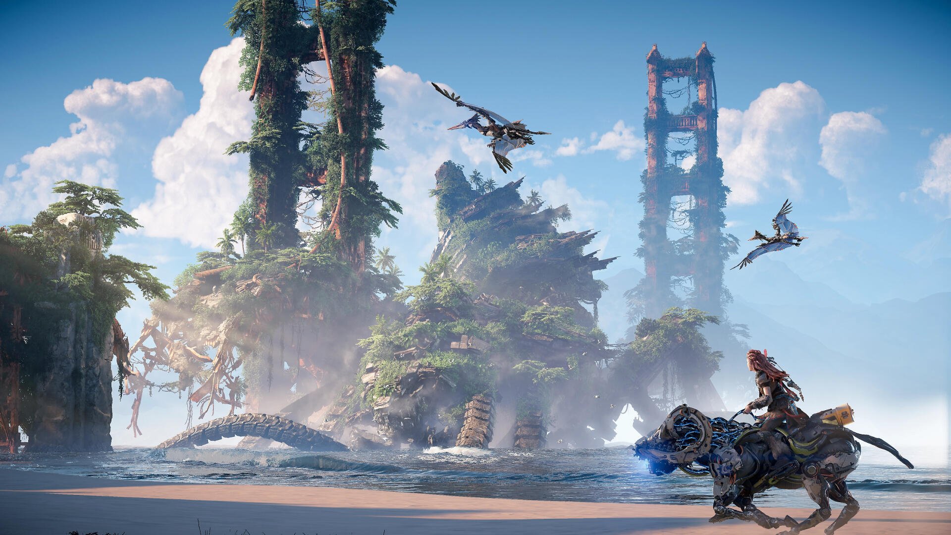 HD PC desktop wallpaper featuring Aloy from Horizon Forbidden West riding a machine against a lush, overgrown landscape with towering ruins and flying robotic creatures.