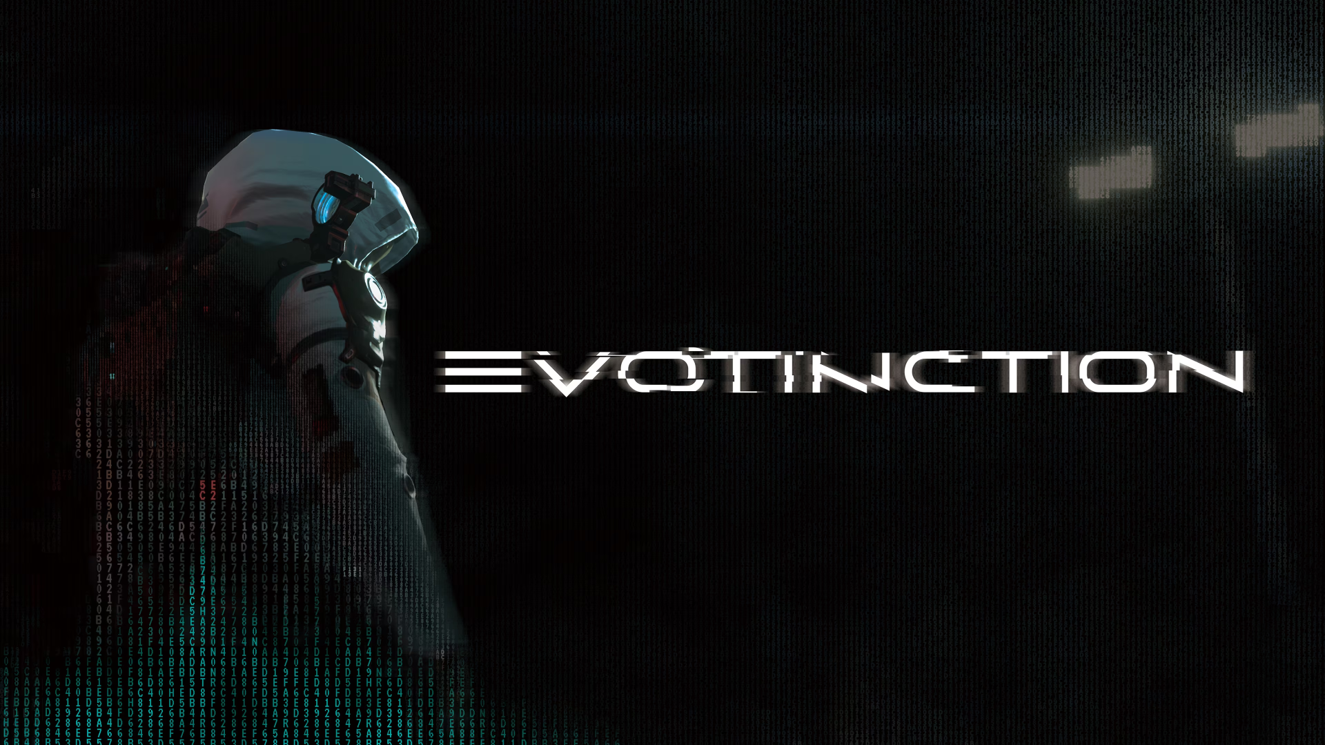 A striking 4K Ultra HD wallpaper featuring the logo and character design from the video game EVOTINCTION, showcasing a sleek, futuristic aesthetic against a dark background.