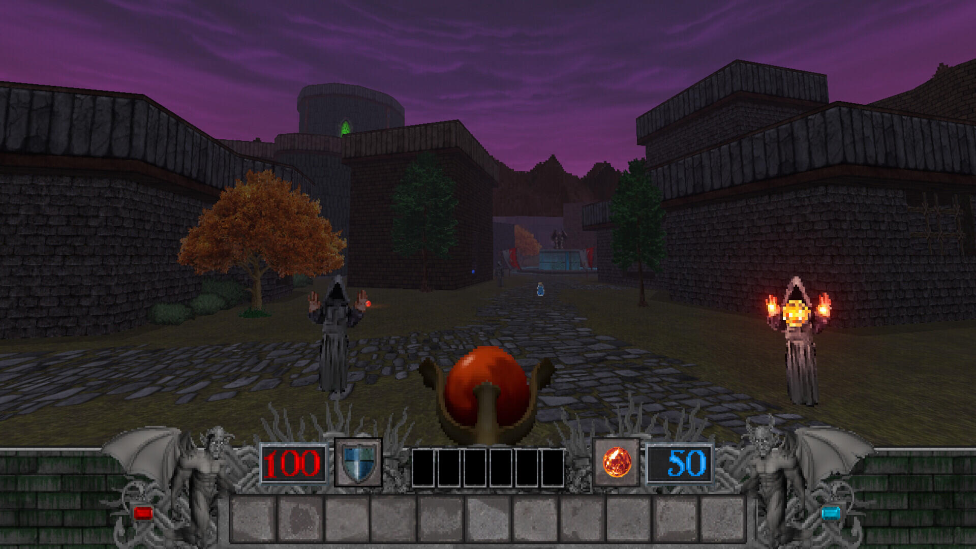 HD PC desktop wallpaper from the video game Hands of Necromancy II, depicting a dark, eerie town scene with skeletal and magical elements in a retro 3D style.