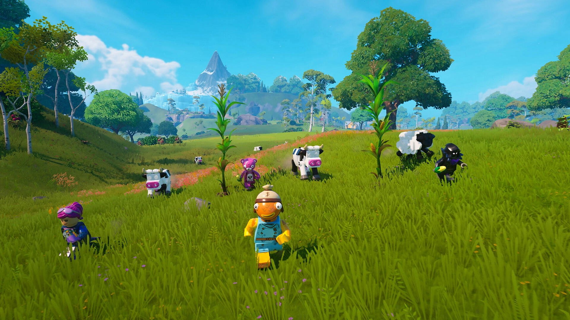 HD PC desktop wallpaper featuring LEGO Fortnite characters and animals in a vibrant, grassy Fortnite landscape under a bright blue sky.